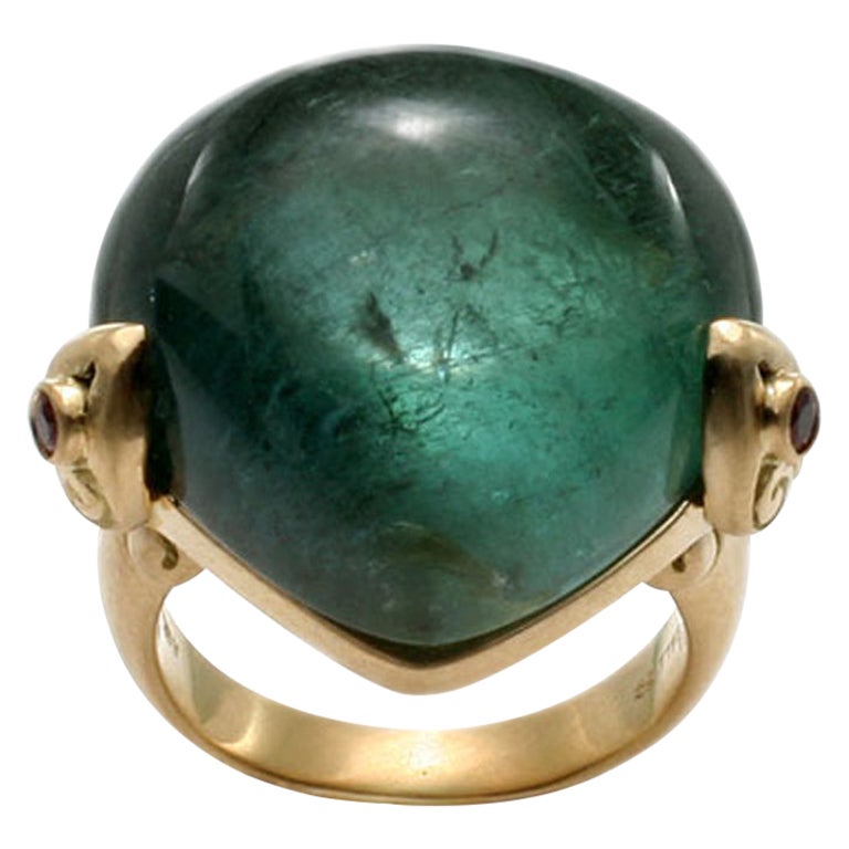 Großer 44,8 Karat Blau-Grün Indicalite Turmalin Cabochon Rubin 18K Gold Ring
