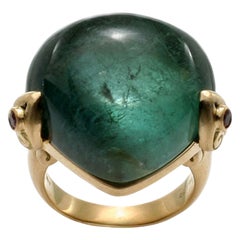 Steven Battelle 44.8 Carats Blue-Green Tourmaline Cabochon Ruby 18K Gold Ring
