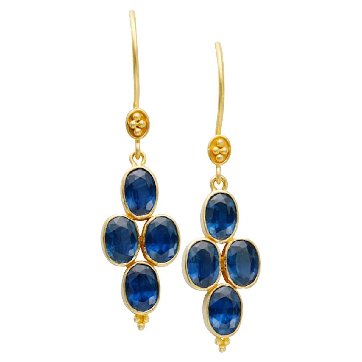 Steven Battelle 4.5 Carats Multiple Blue Sapphire 18K Gold Wire Earrings For Sale