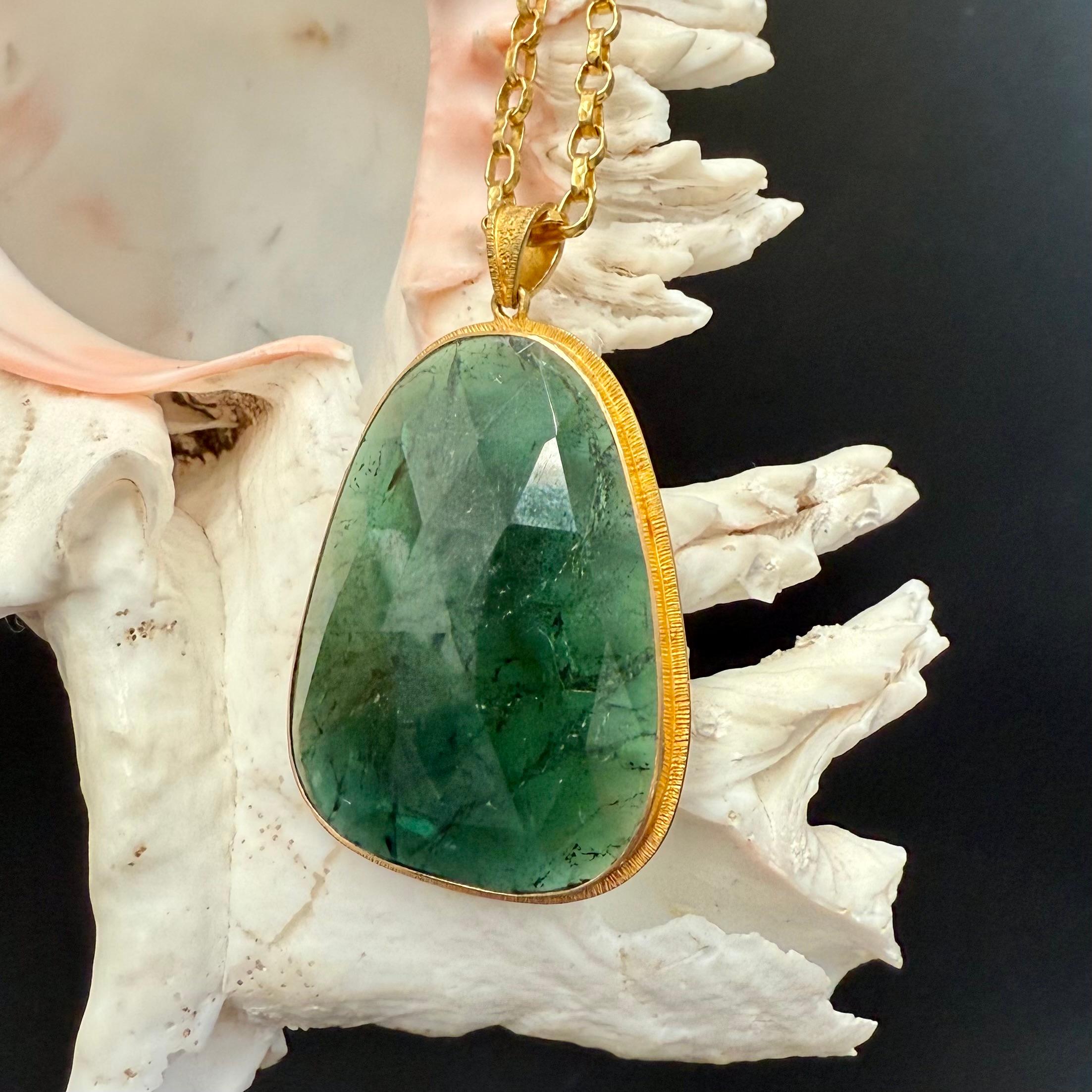 Steven Battelle 46.8 Carats Green Tourmaline Slice 18K Gold Pendant For Sale 4