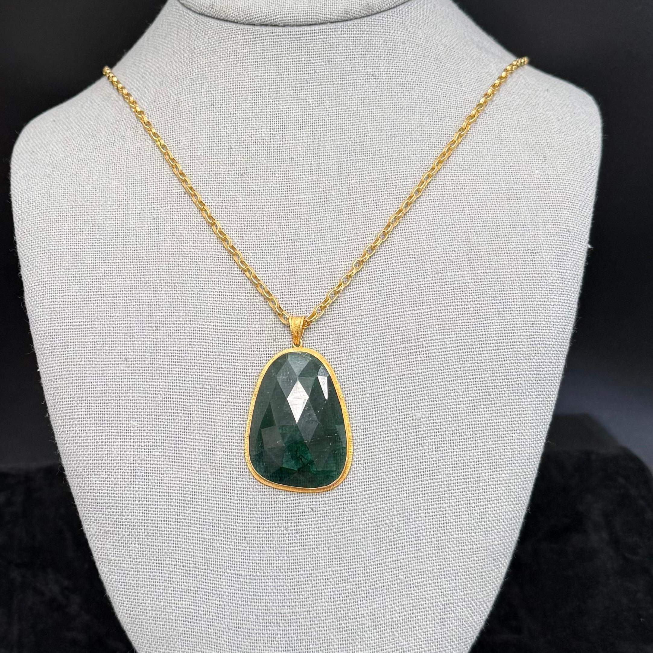 Steven Battelle 46.8 Carats Green Tourmaline Slice 18K Gold Pendant For Sale 5