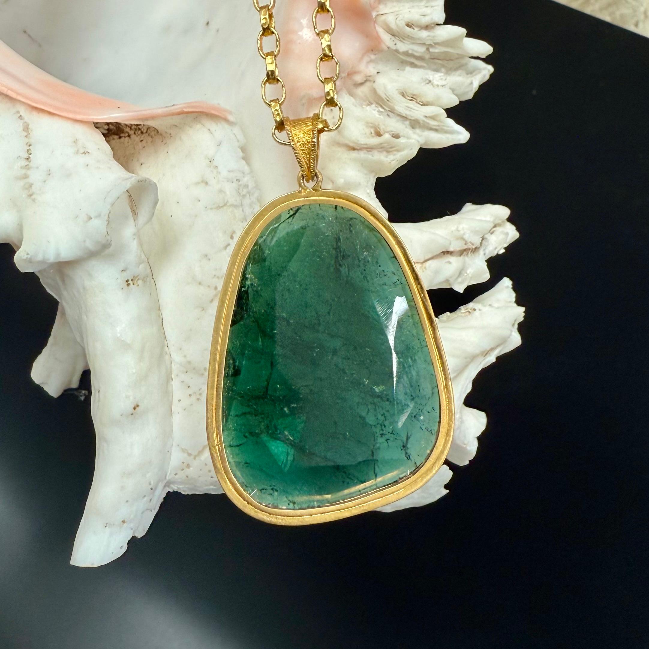Steven Battelle 46.8 Carats Green Tourmaline Slice 18K Gold Pendant In New Condition For Sale In Soquel, CA