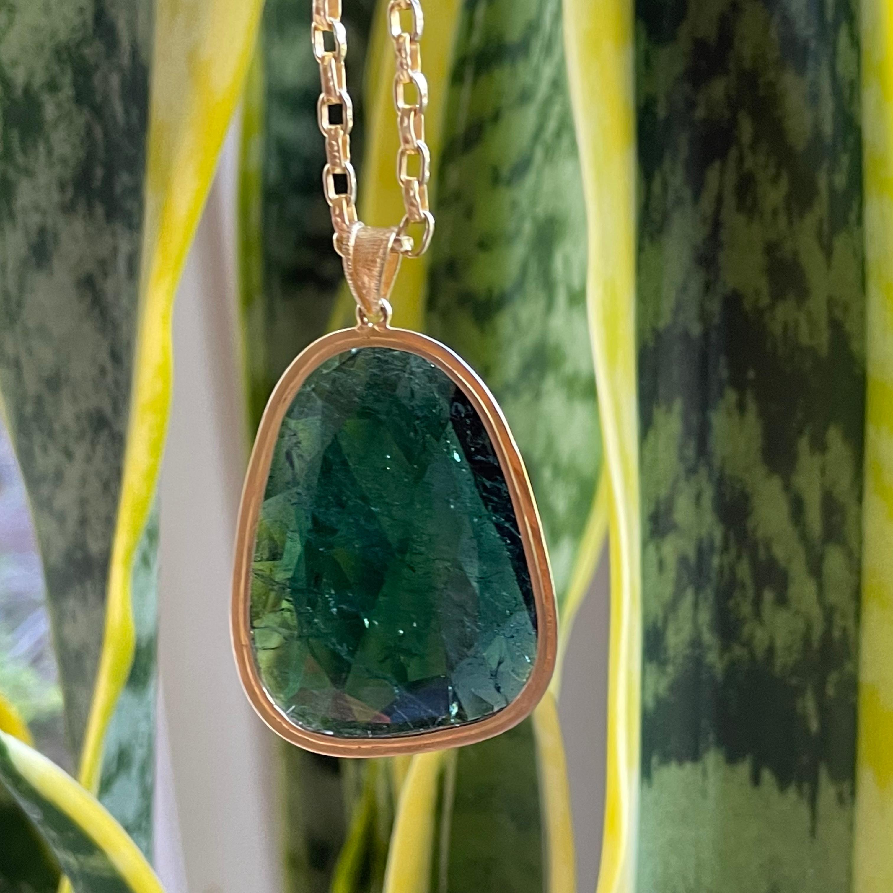 Steven Battelle 46.8 Carats Green Tourmaline Slice 18K Gold Pendant In New Condition For Sale In Soquel, CA