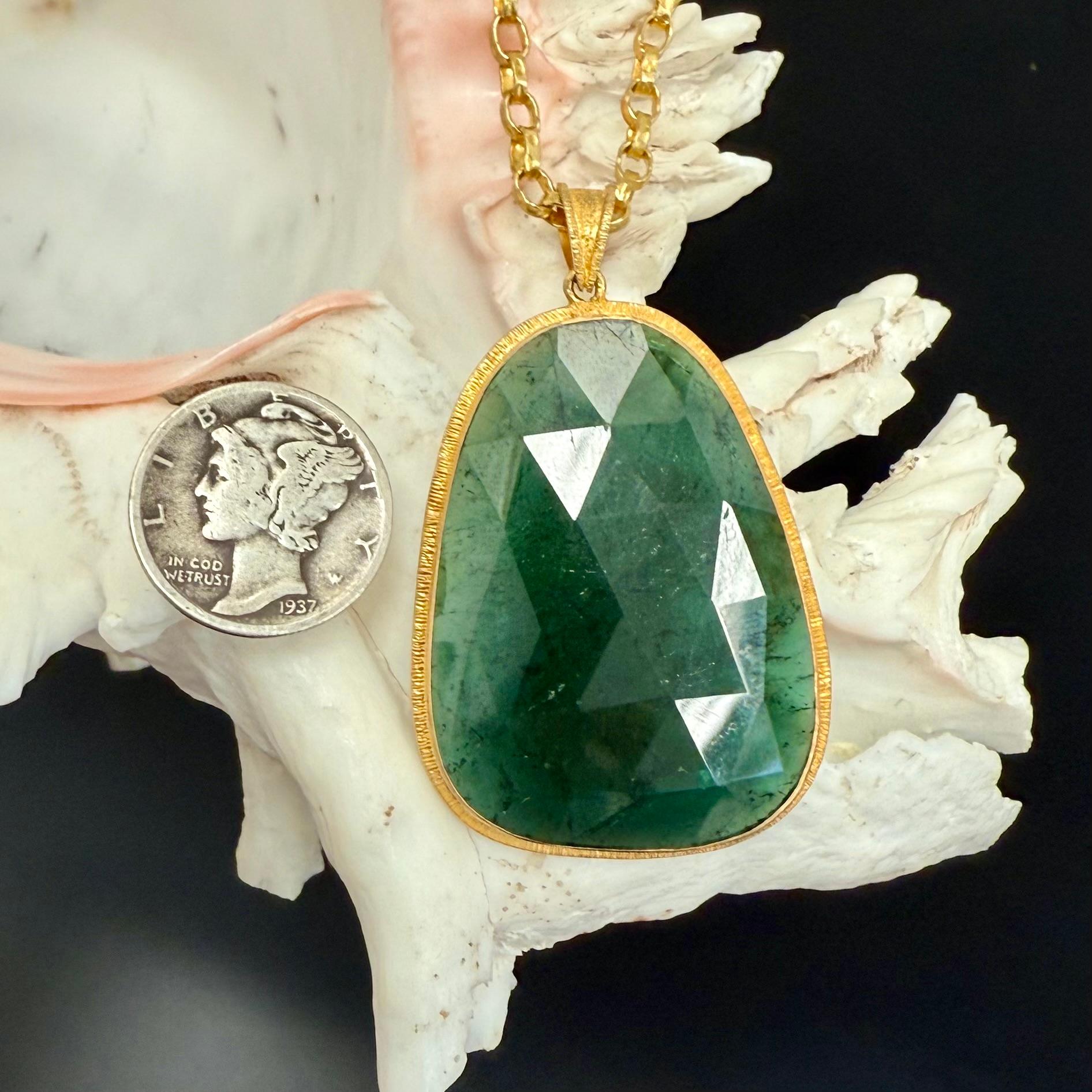 Women's or Men's Steven Battelle 46.8 Carats Green Tourmaline Slice 18K Gold Pendant For Sale