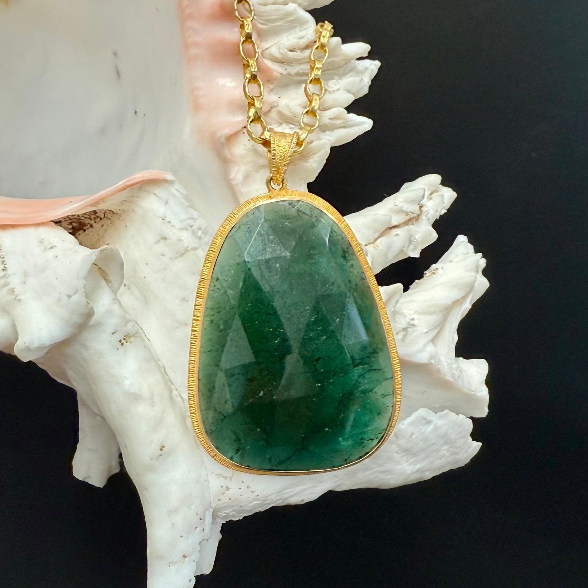 Steven Battelle 46.8 Carats Green Tourmaline Slice 18K Gold Pendant For Sale 2