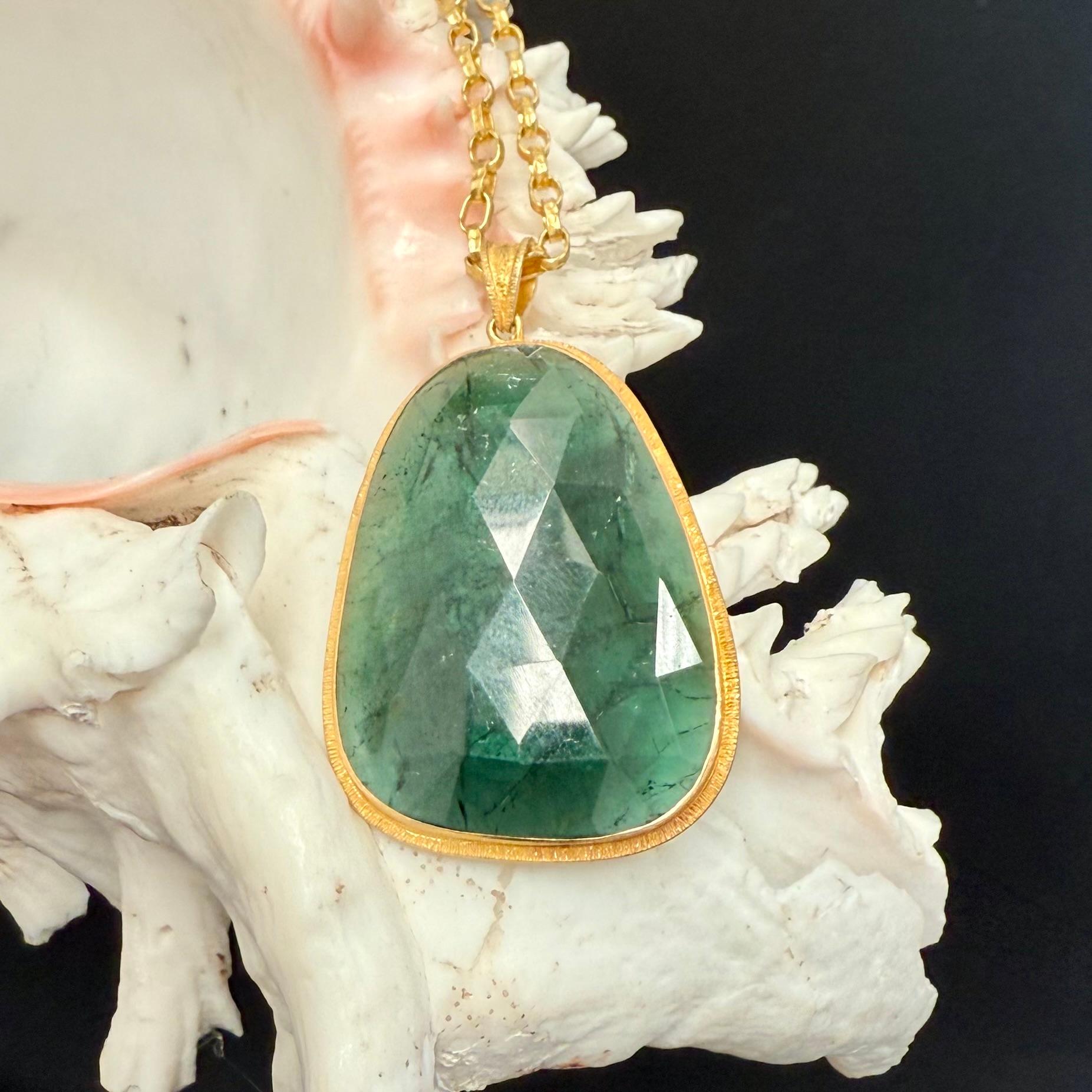 Steven Battelle 46.8 Carats Green Tourmaline Slice 18K Gold Pendant For Sale 3
