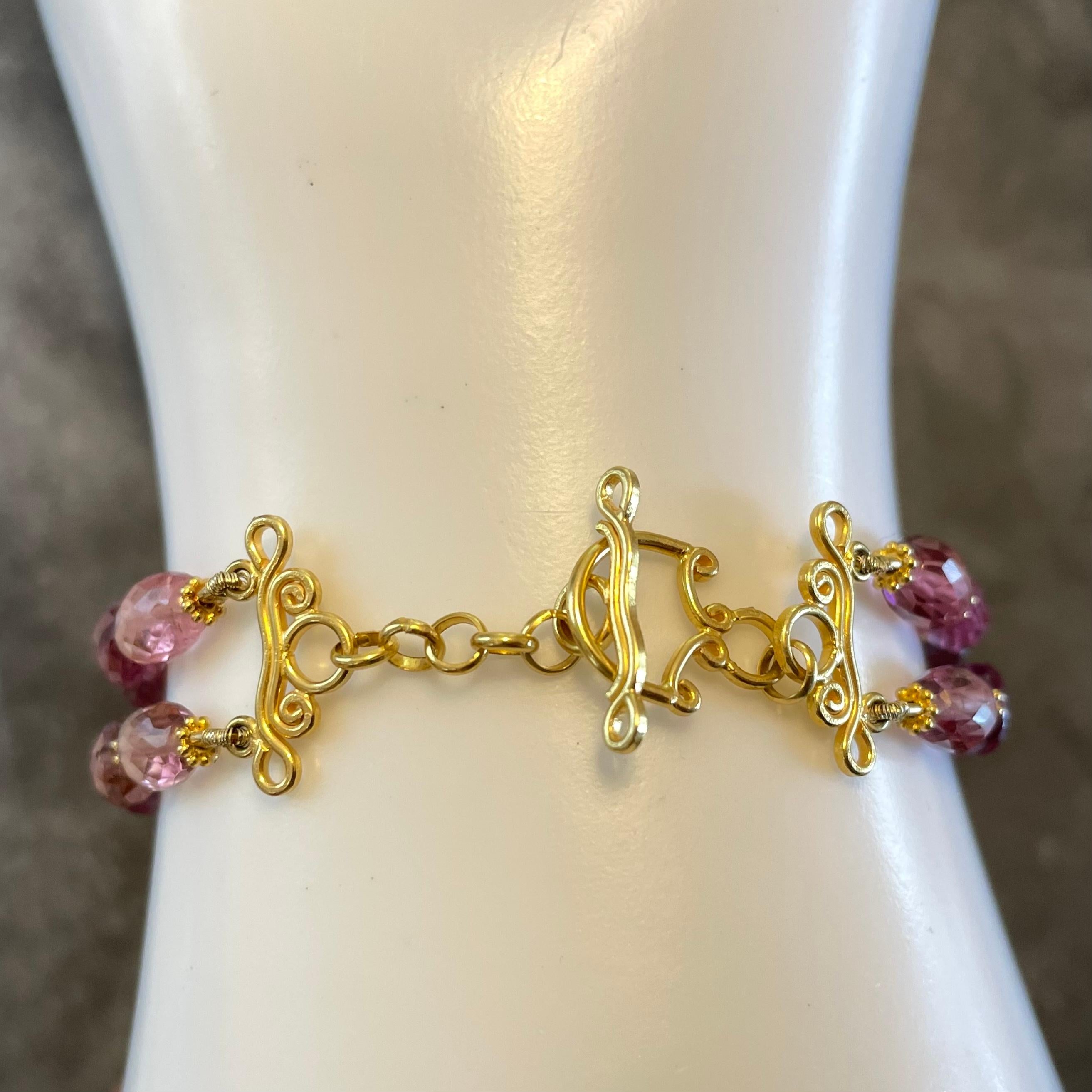 Steven Battelle 47.5 Carats Pink Tourmaline Beads 18K Gold Bracelet  For Sale 3