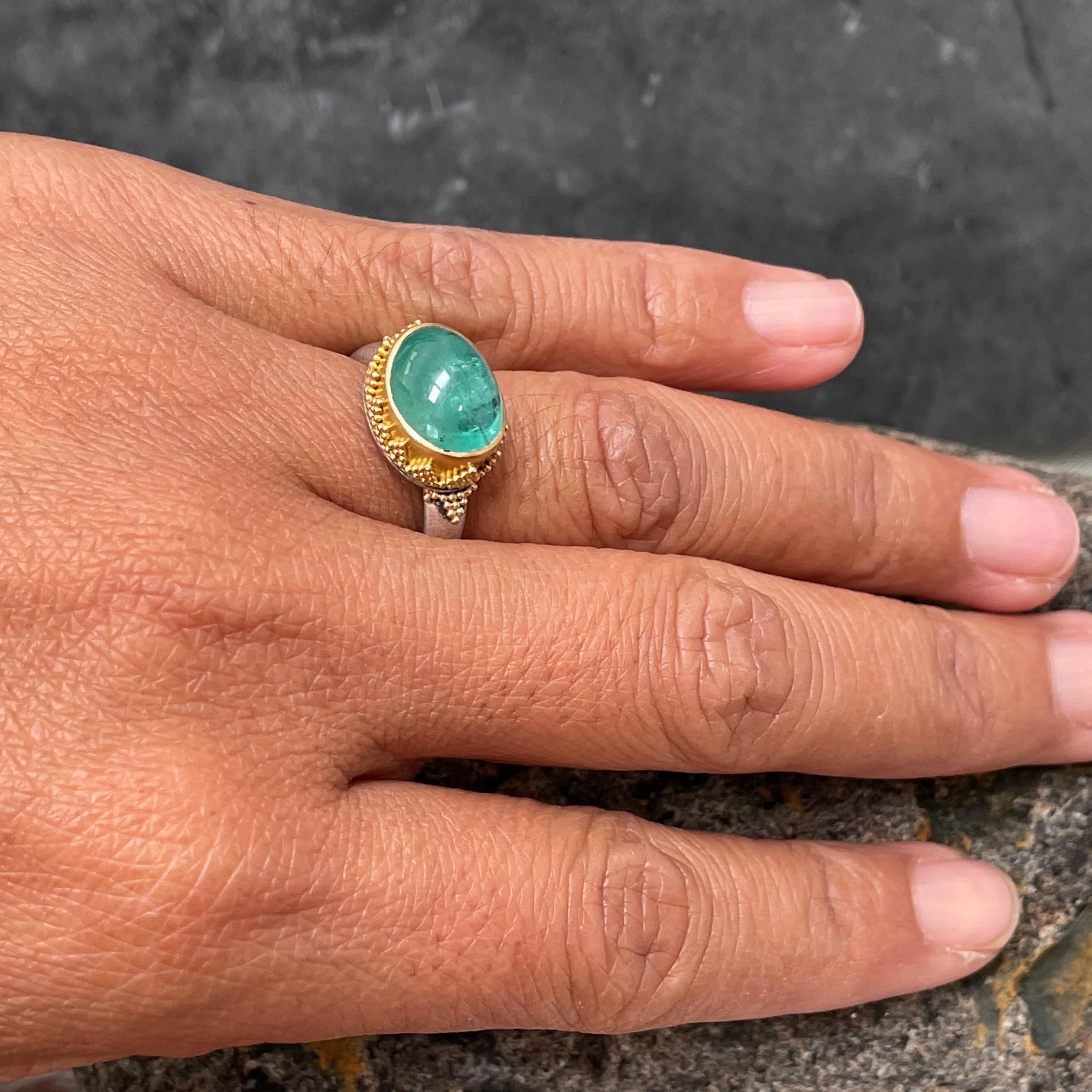 Steven Battelle 4.8 Carats Cabochon Emerald Silver 22K Gold Ring In New Condition In Soquel, CA