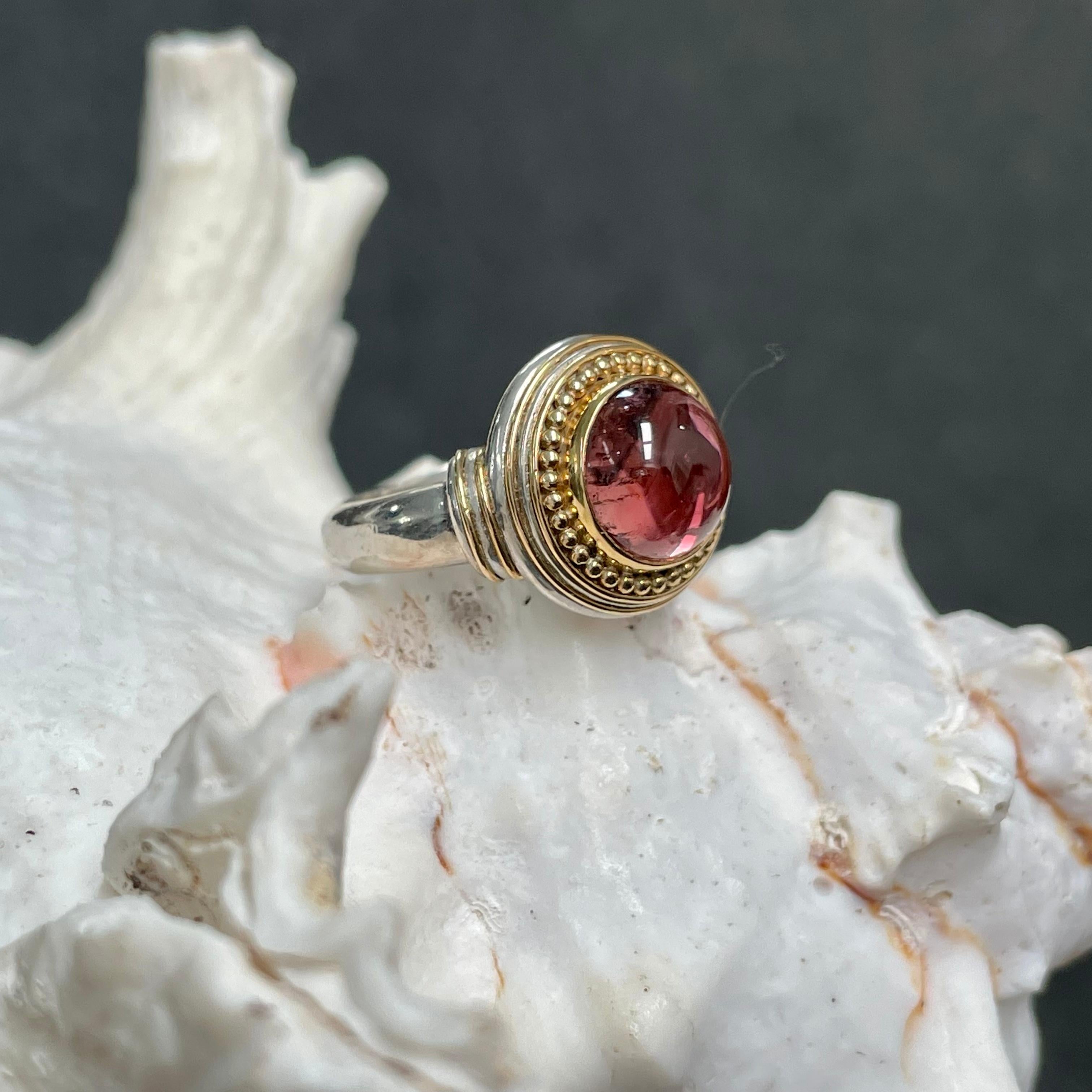 Steven Battelle 4.8 Carats Cabochon Pink Tourmaline Silver/18K Gold Ring In New Condition For Sale In Soquel, CA