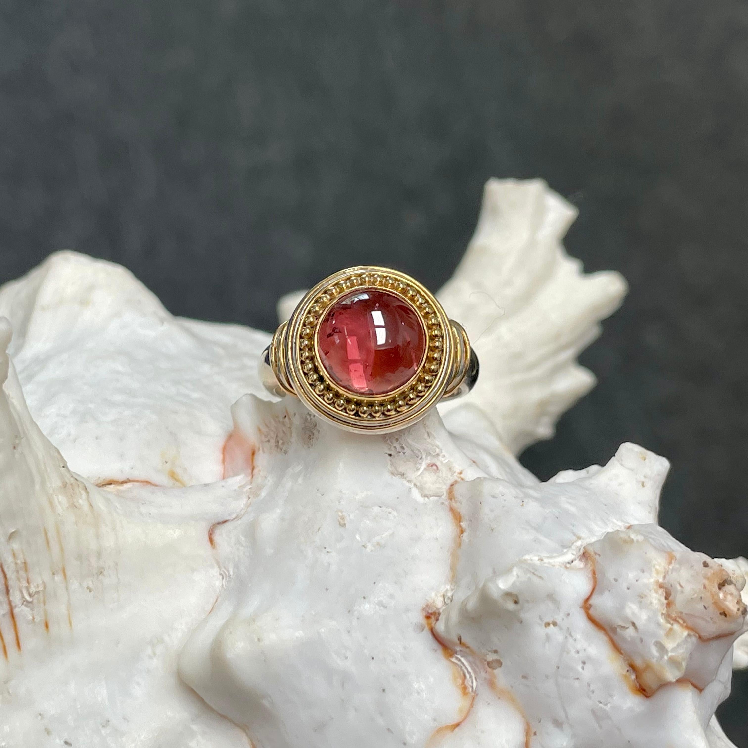 Women's or Men's Steven Battelle 4.8 Carats Cabochon Pink Tourmaline Silver/18K Gold Ring For Sale
