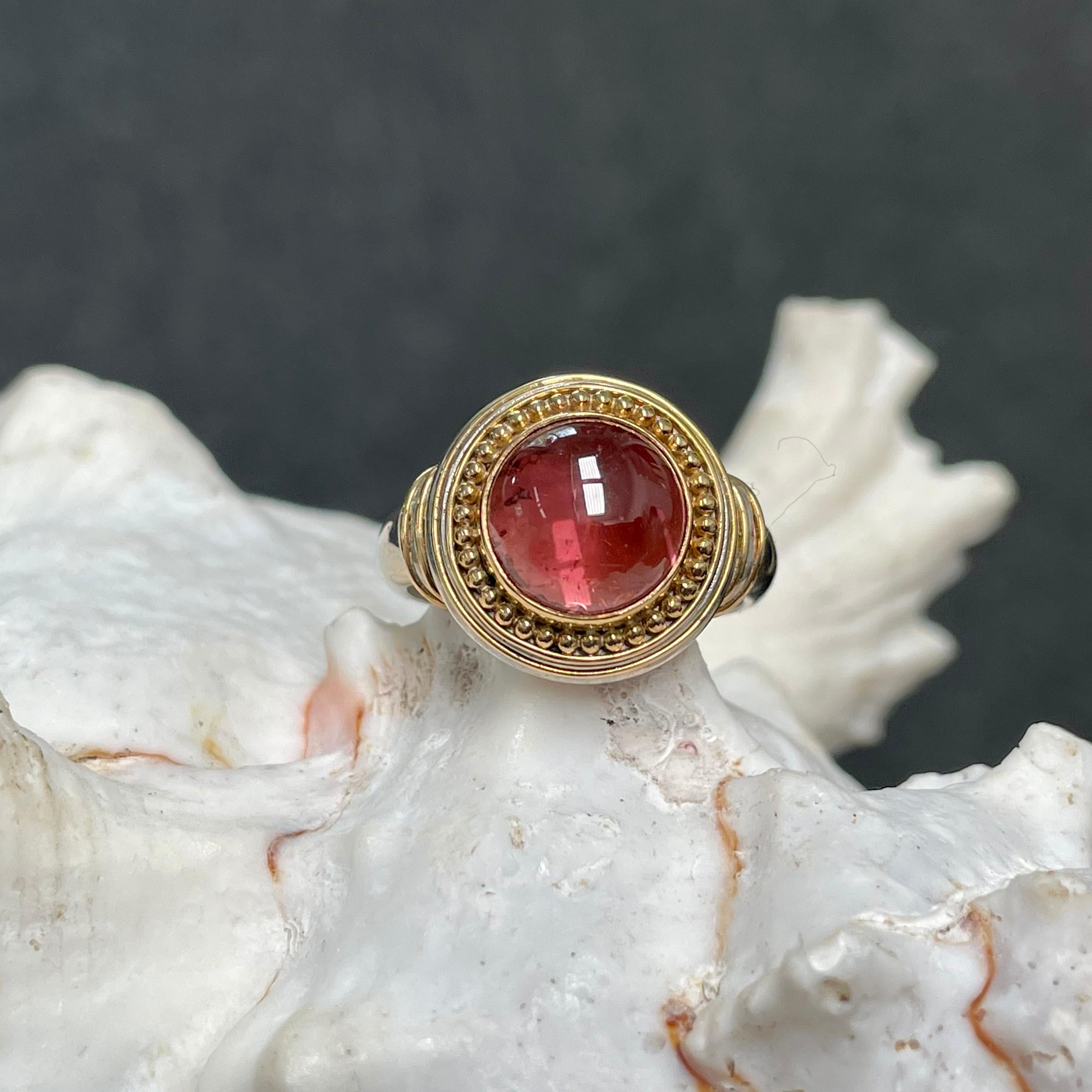 Steven Battelle 4.8 Carats Cabochon Pink Tourmaline Silver/18K Gold Ring For Sale 1