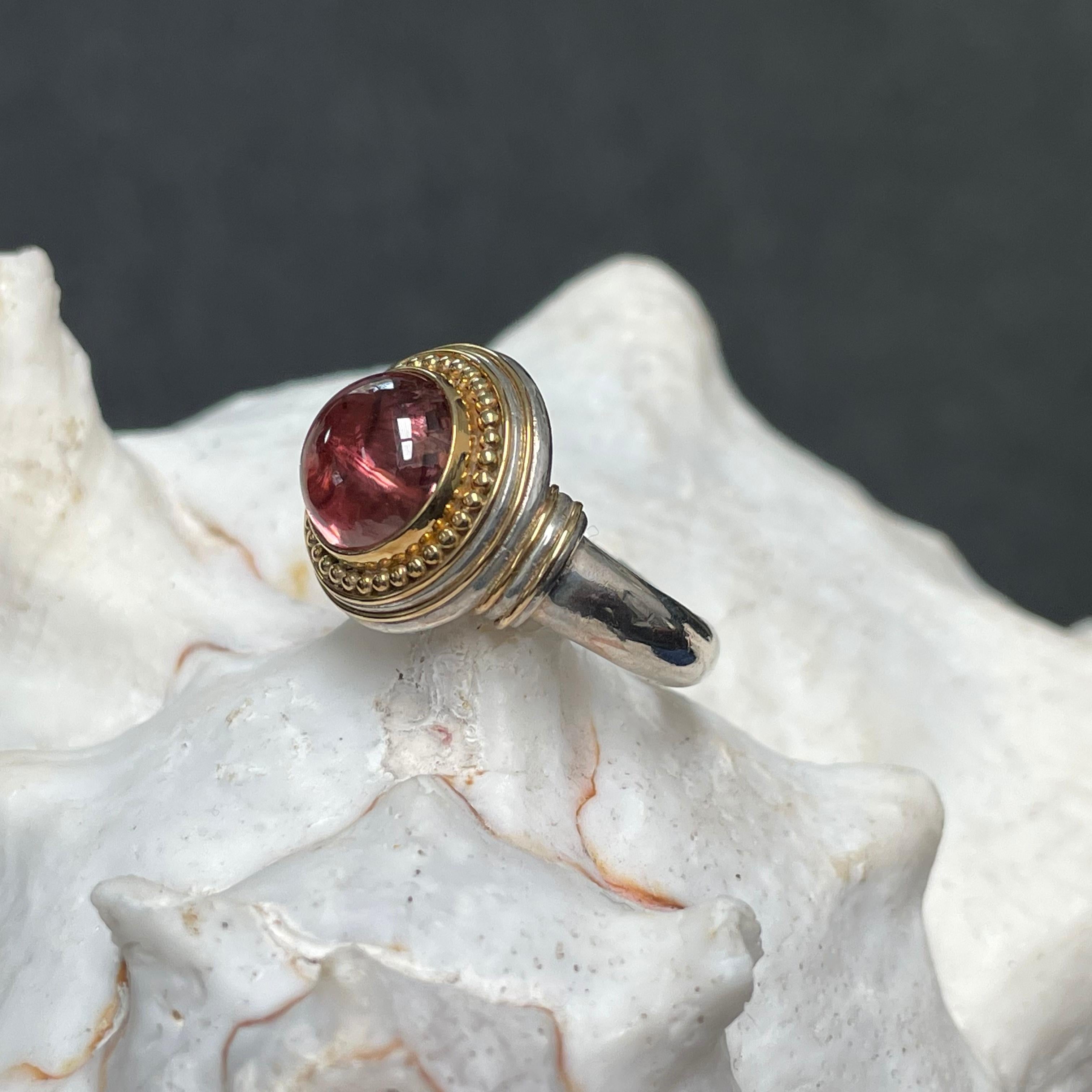 Steven Battelle 4.8 Carats Cabochon Pink Tourmaline Silver/18K Gold Ring For Sale 4