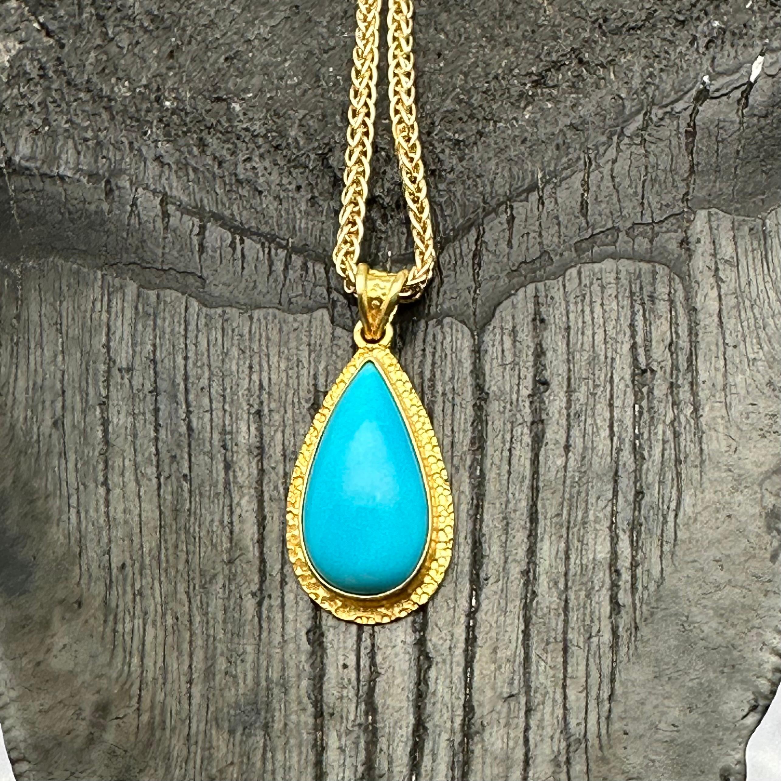Pear Cut Steven Battelle 4.8 Carats Sleeping Beauty Turquoise 18k Gold Pendant For Sale