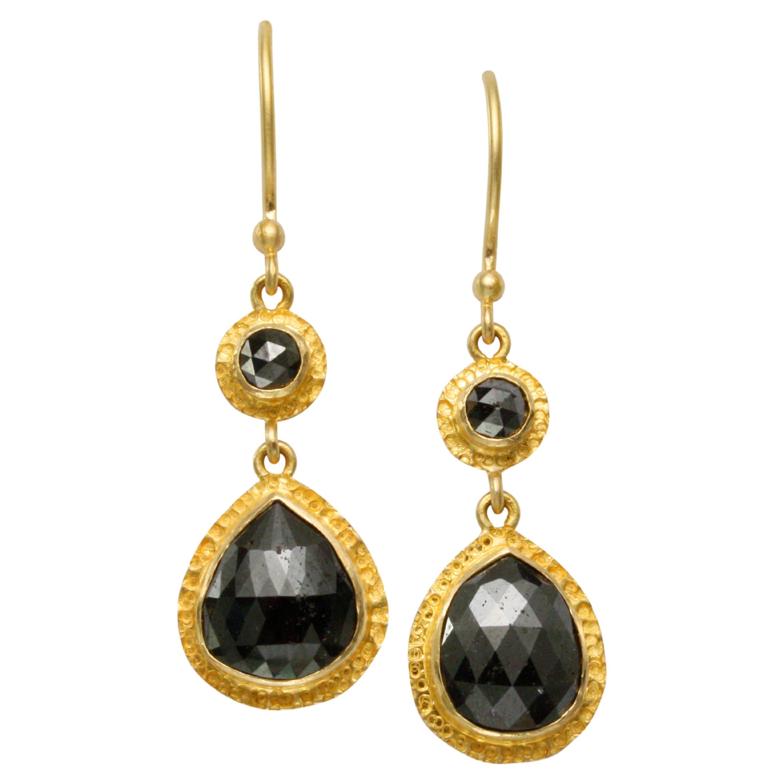 Steven Battelle 4.9 Carats Rose-Cut Black Diamond 18K Gold Earrings For Sale