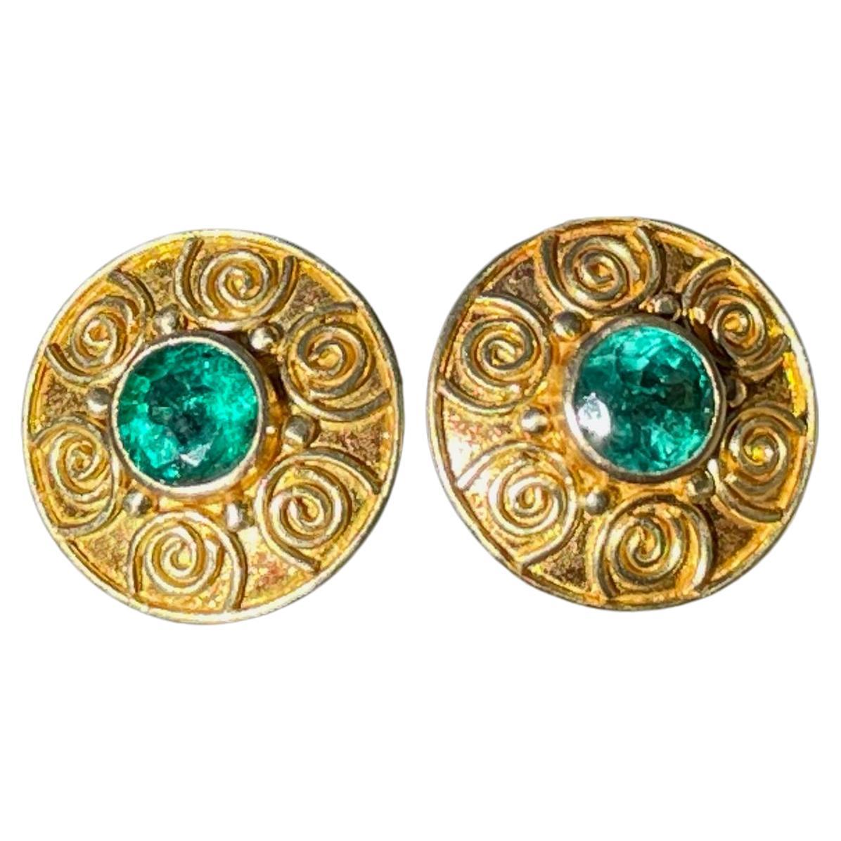 Steven Battelle 0.5 Carats Emeralds Round 18K Gold Post Earrings