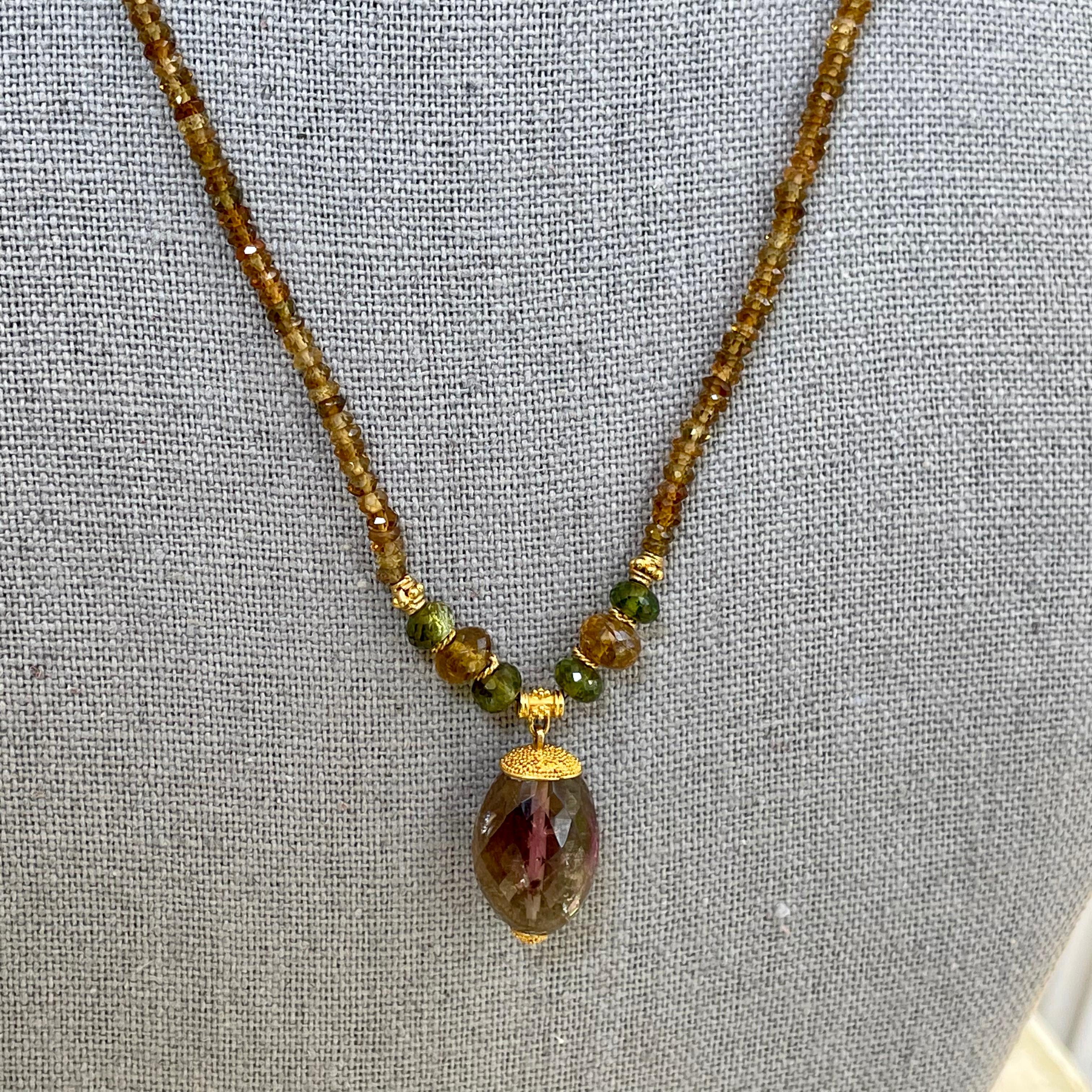 Mixed Cut Steven Battelle 50.5 Carats Tourmaline Tundra Sapphire 22K Gold Beaded Necklace For Sale