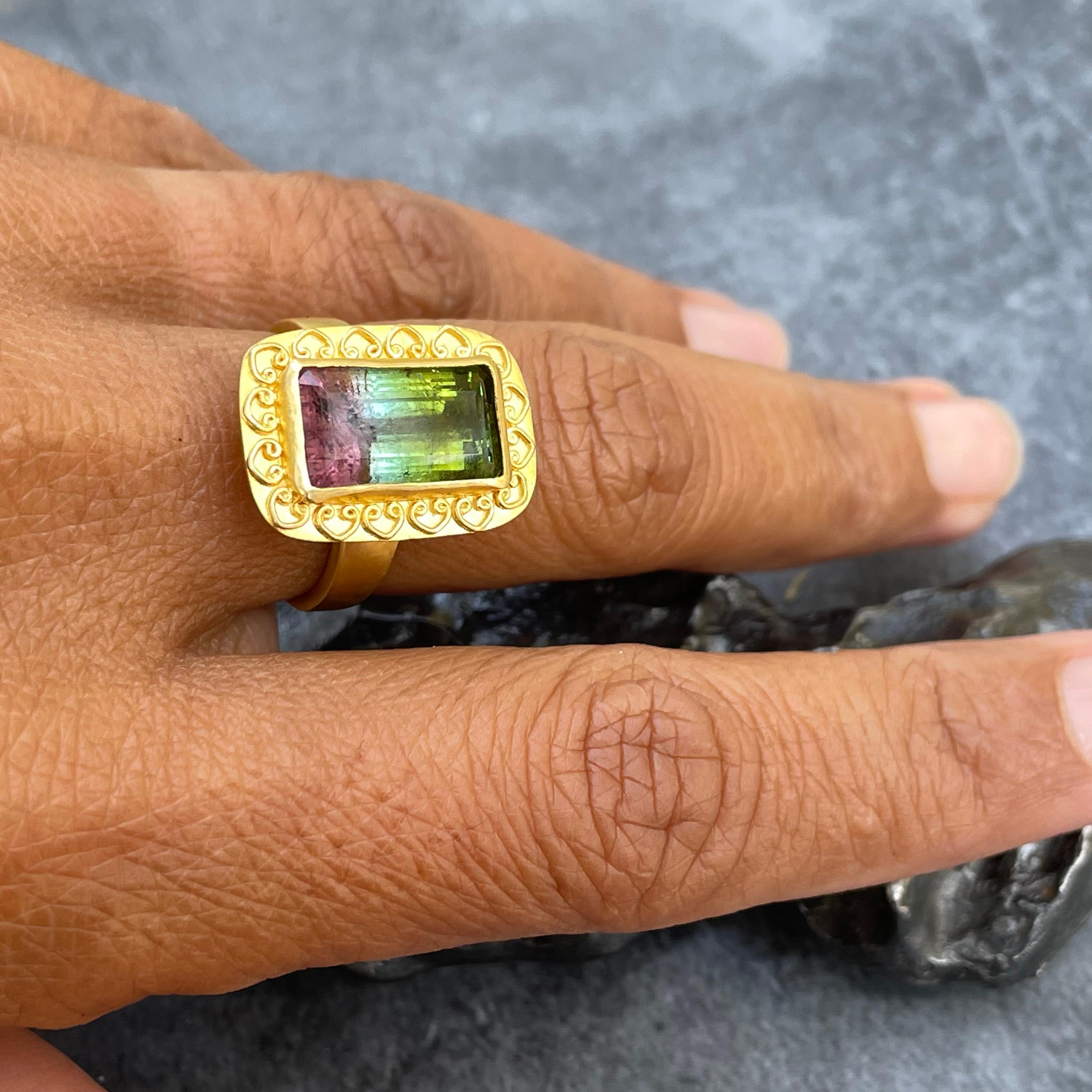 Cushion Cut Steven Battelle 5.1 Carats Watermelon Tourmaline 22K Gold Ring  For Sale