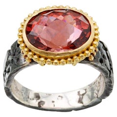 Steven Battelle 5.2 Carats Salmon Pink Tourmaline Silver and 18K Gold Ring