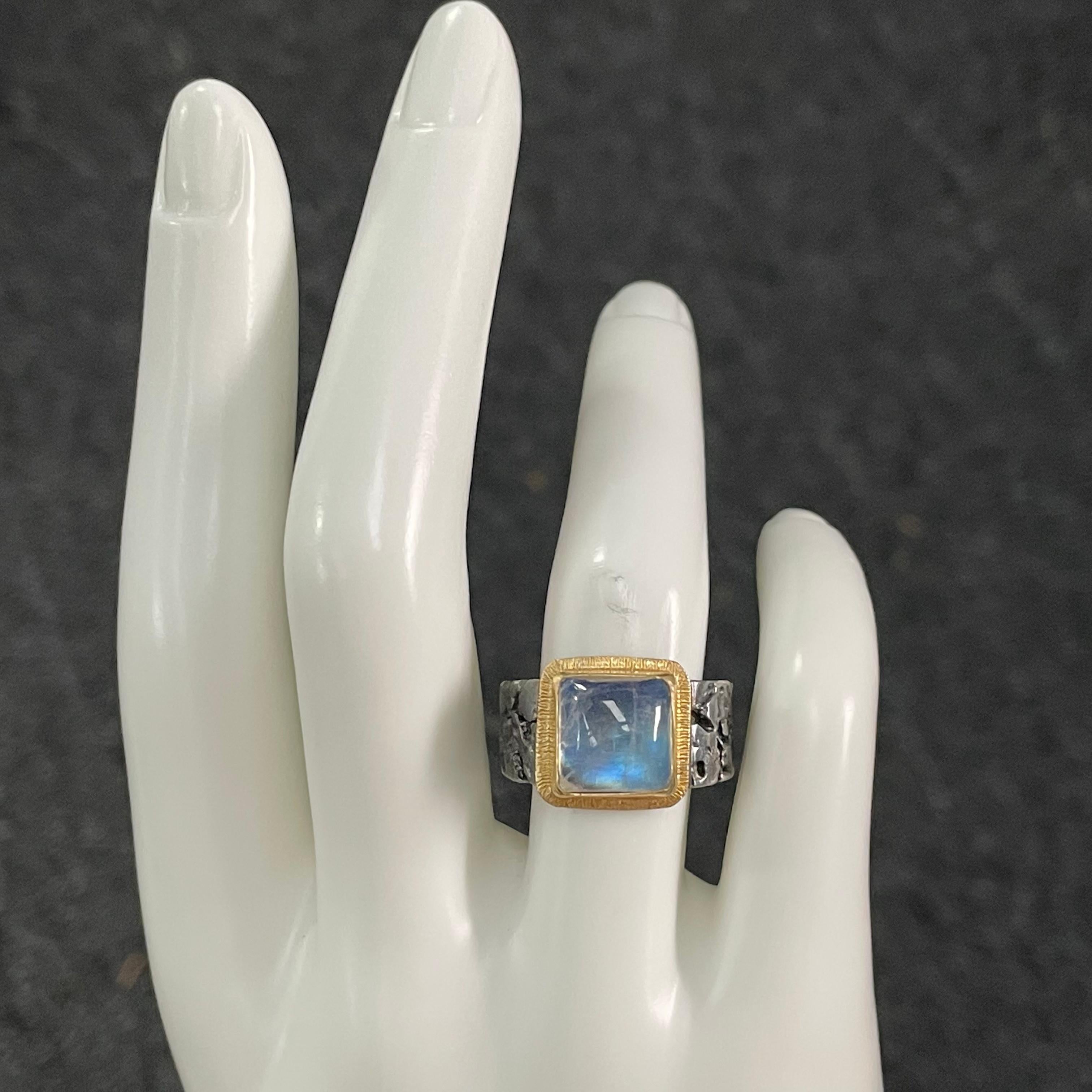 Cabochon Steven Battelle 5.5 Carats Rainbow Moonstone 18K Gold Oxidized Sterling Ring For Sale