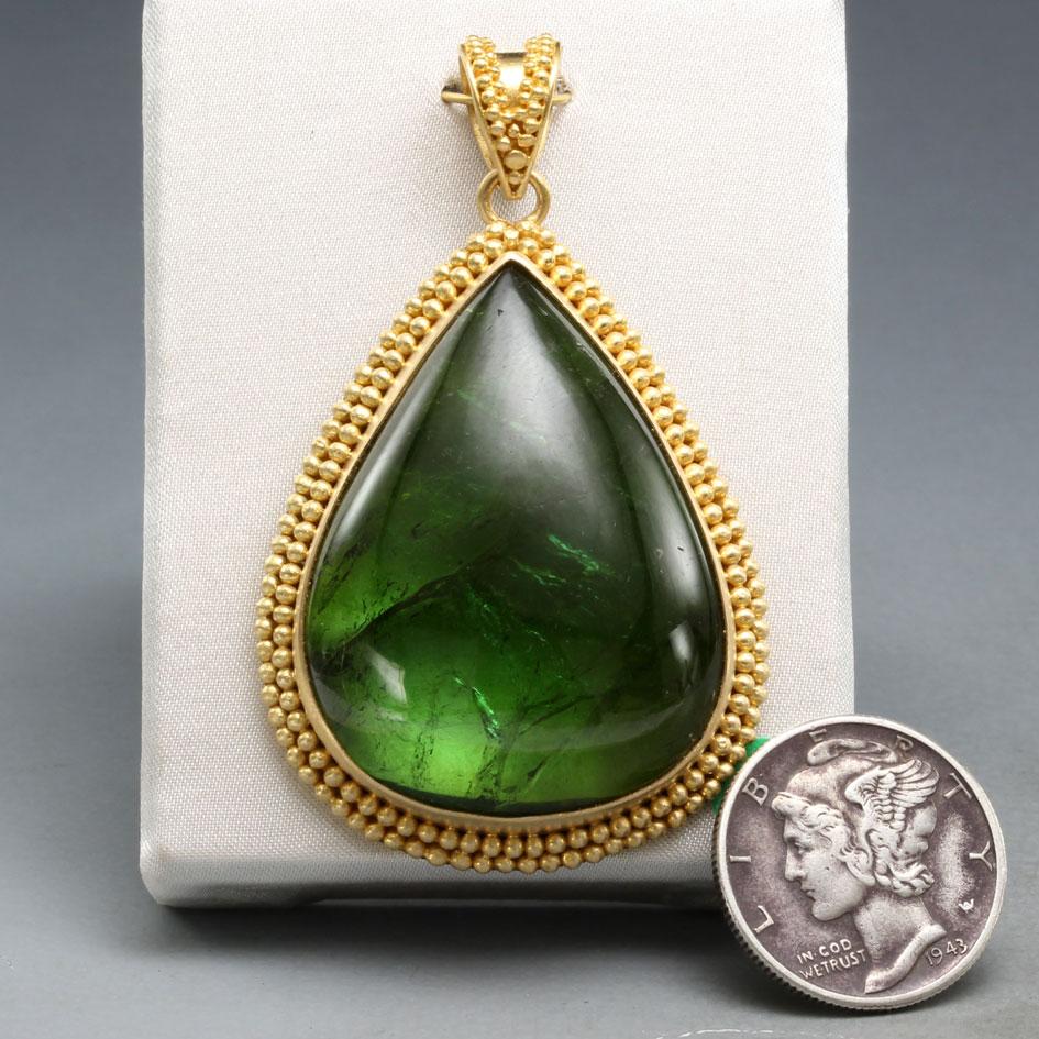 Steven Battelle 55.0 Carats Green Tourmaline 18K Gold Granulated Pendant In New Condition For Sale In Soquel, CA