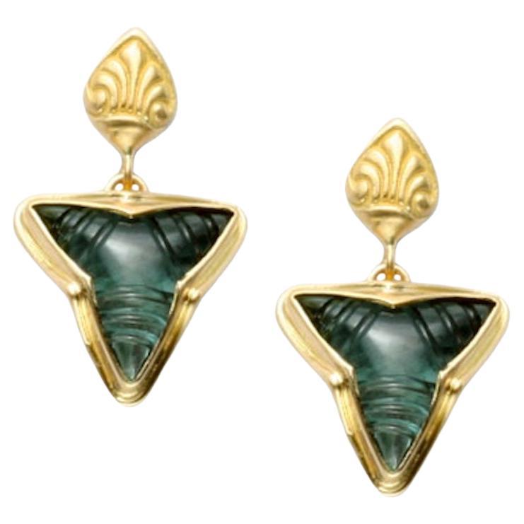 Steven Battelle 5.6 Carats Carved Blue Tourmaline 18K Gold Post Earrings For Sale
