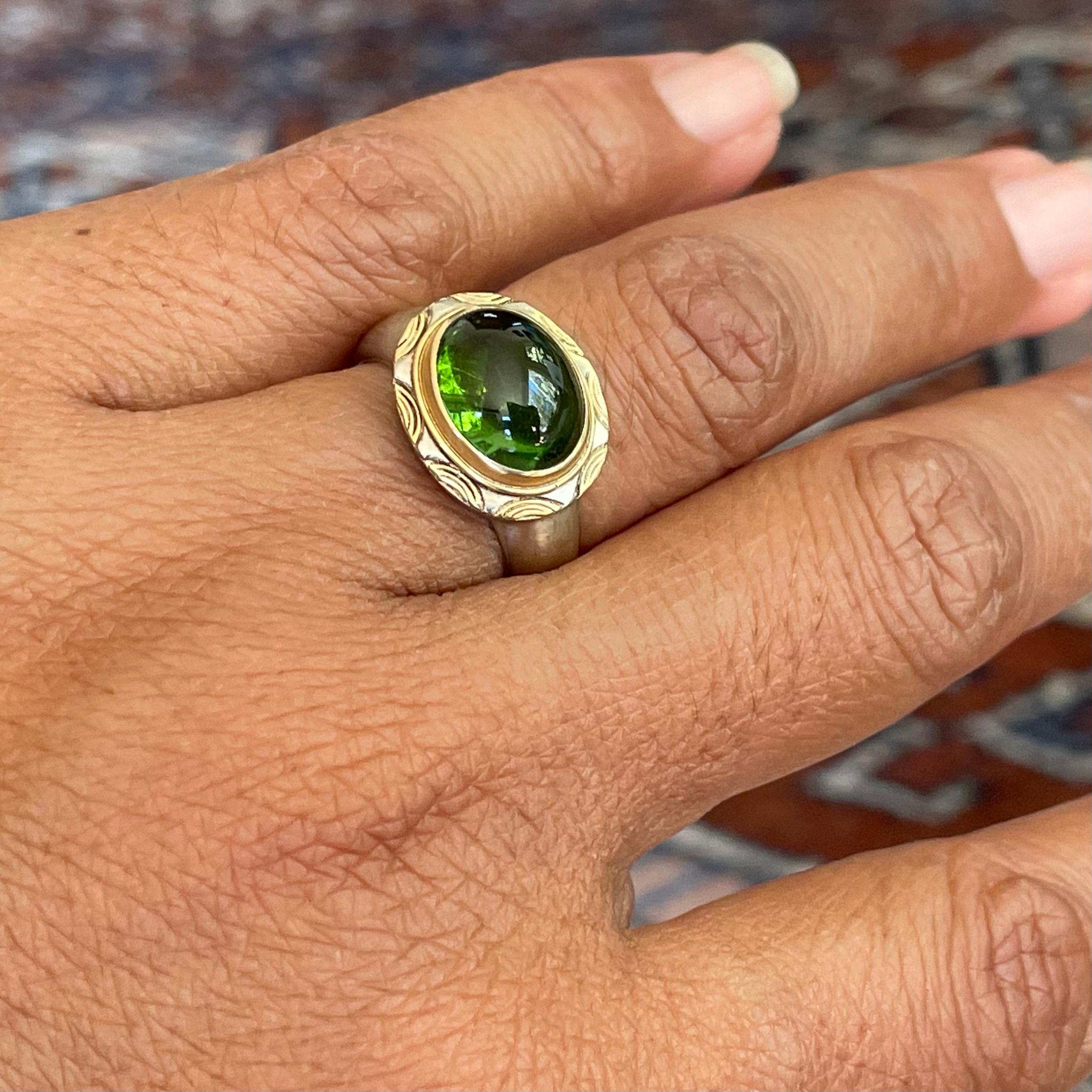 Steven Battelle 5.6 Carats Green Tourmaline 14K White 18K Yellow Gold Ring In New Condition In Soquel, CA