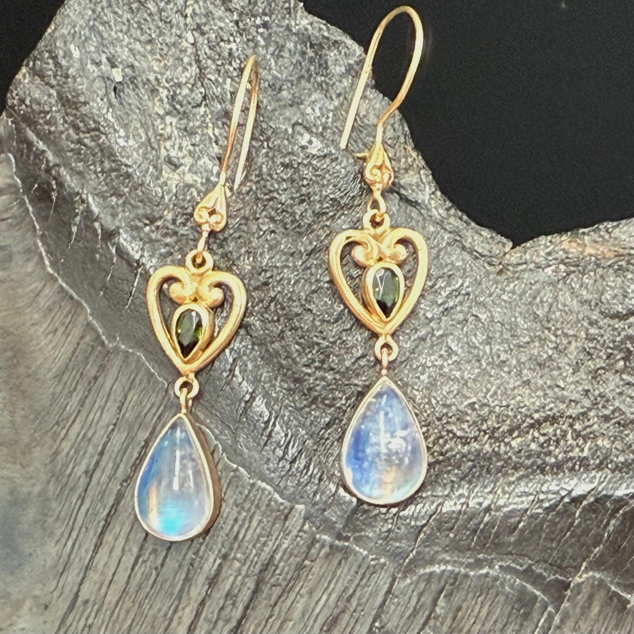 Steven Battelle 5.6 Carats Rainbow Moonstone Green Tourmaline 18K Gold Earrings 4