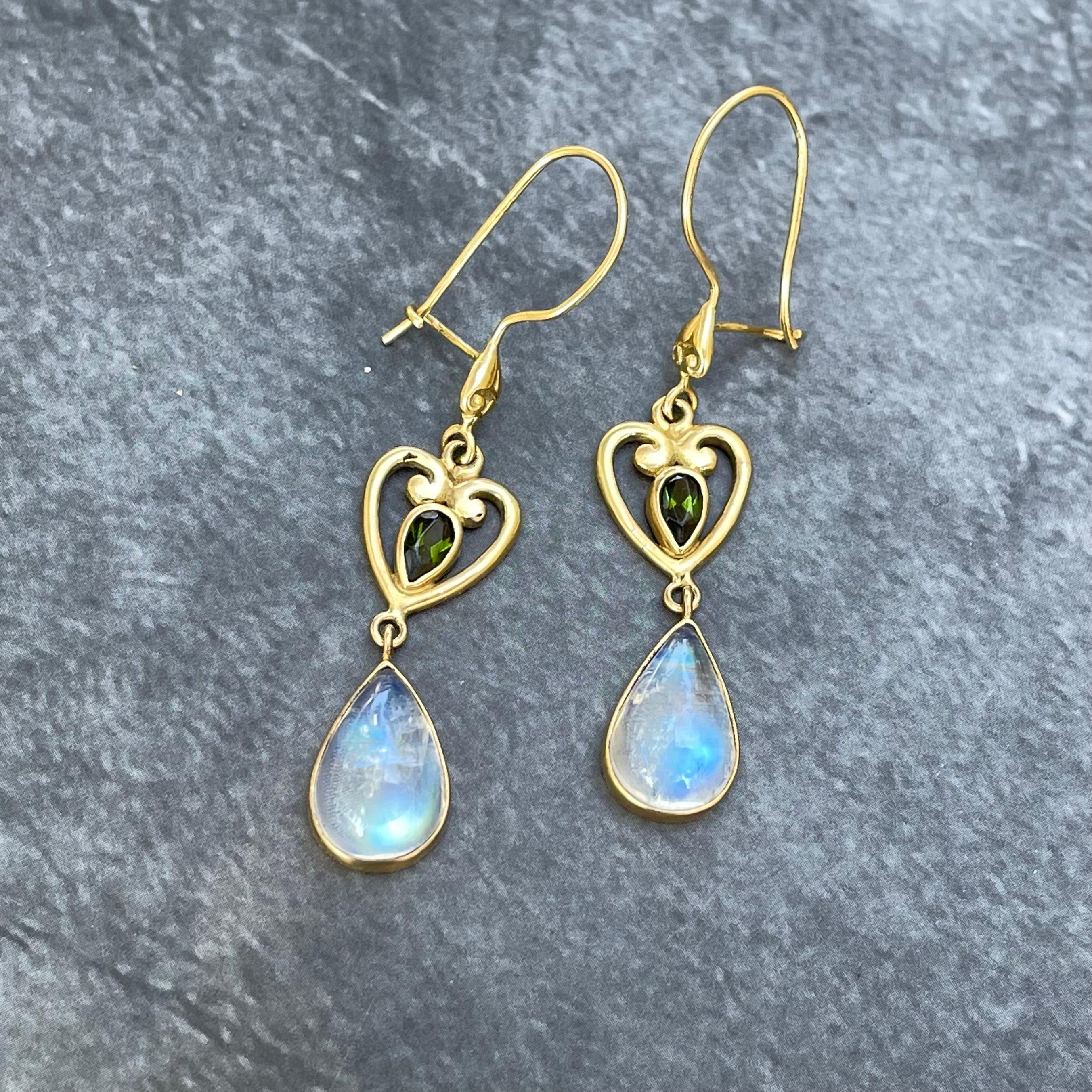 Pear Cut Steven Battelle 5.6 Carats Rainbow Moonstone Green Tourmaline 18K Gold Earrings