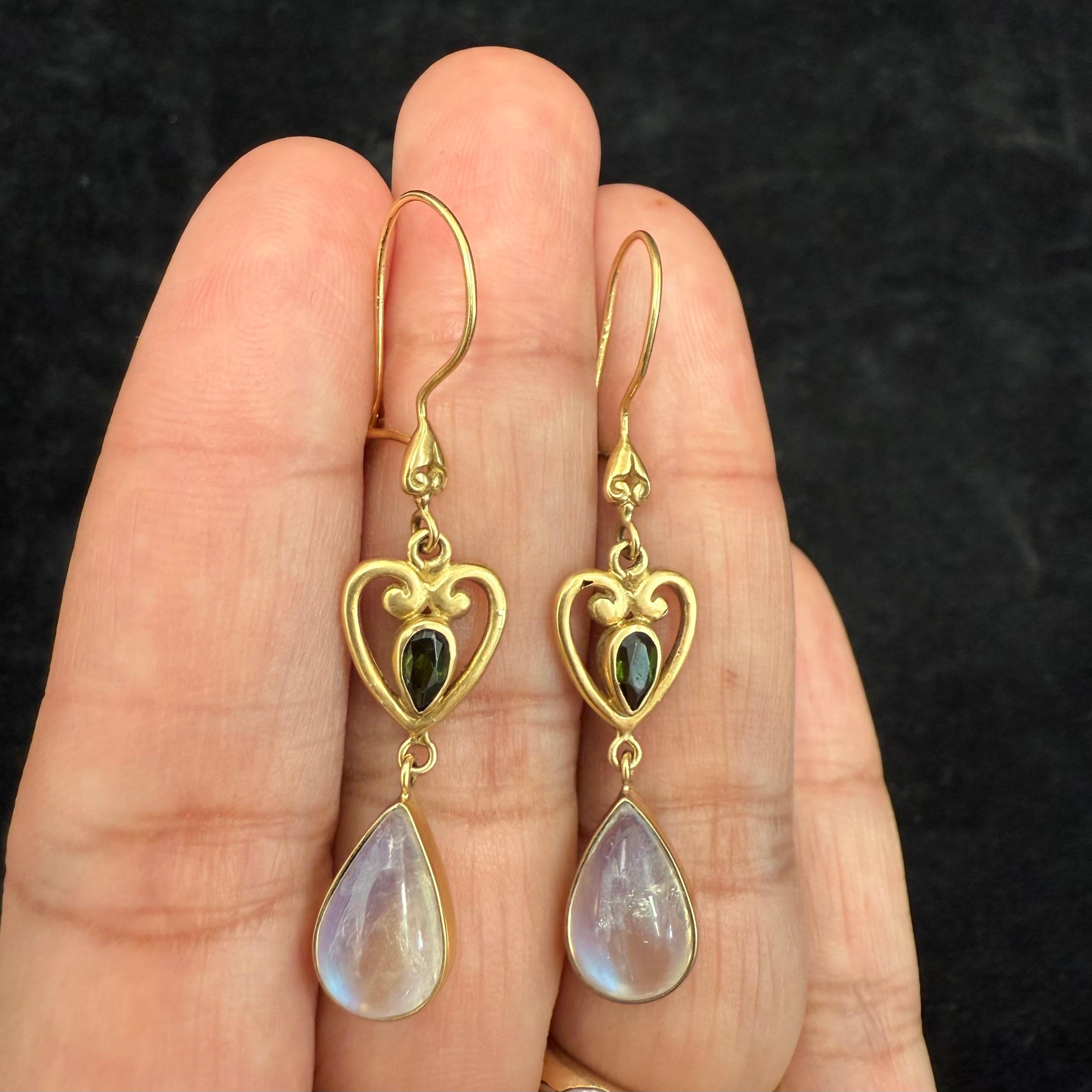 Steven Battelle 5.6 Carats Rainbow Moonstone Green Tourmaline 18K Gold Earrings 3