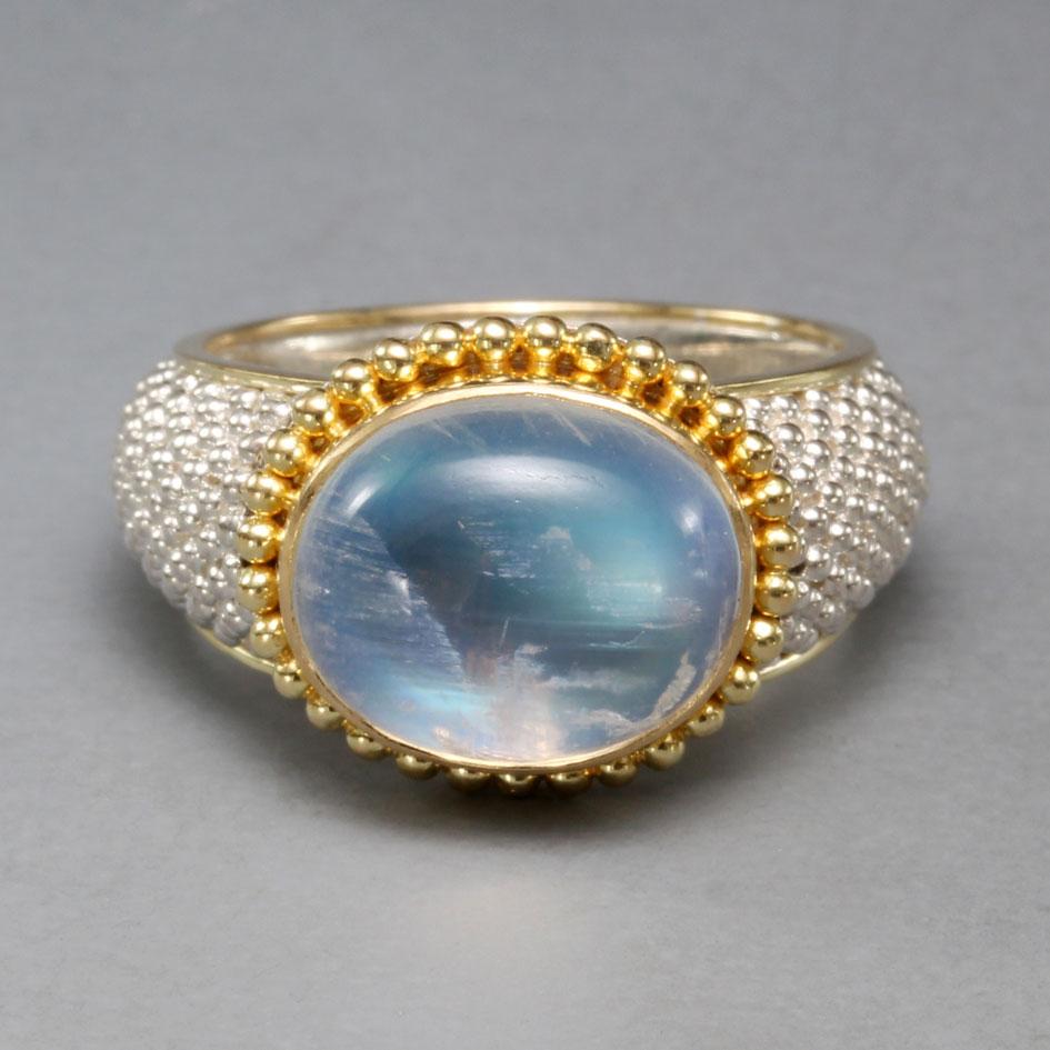 Contemporary Steven Battelle 5.6 Carats Rainbow Moonstone Sterling Silver 18K Gold Ring  For Sale
