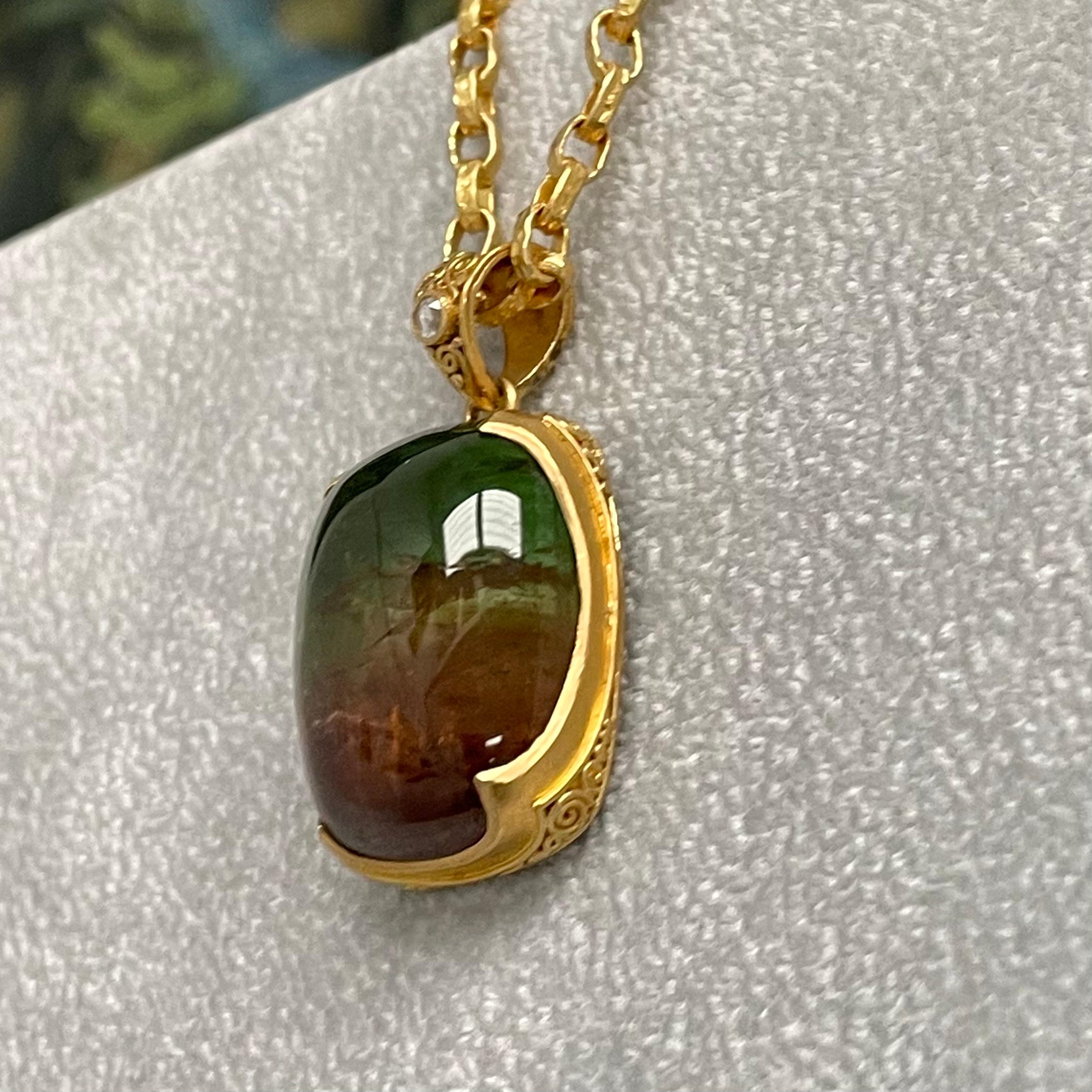 Cabochon Steven Battelle 56.4 Carats Watermelon Tourmaline Diamond 22K Gold Pendant For Sale