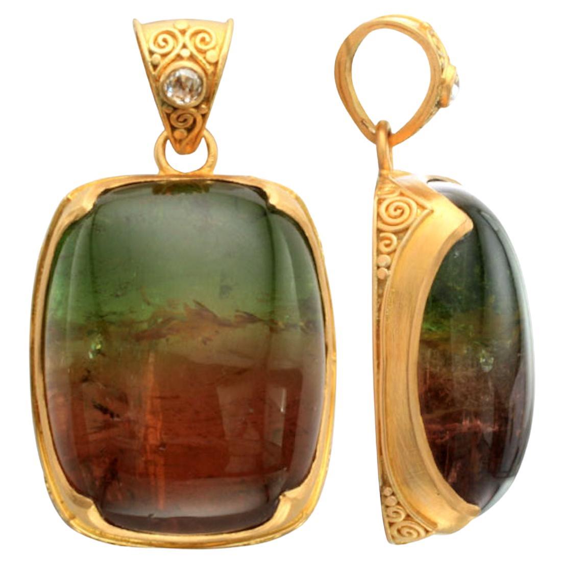 Steven Battelle 56.4 Carats Watermelon Tourmaline Diamond 22K Gold Pendant For Sale