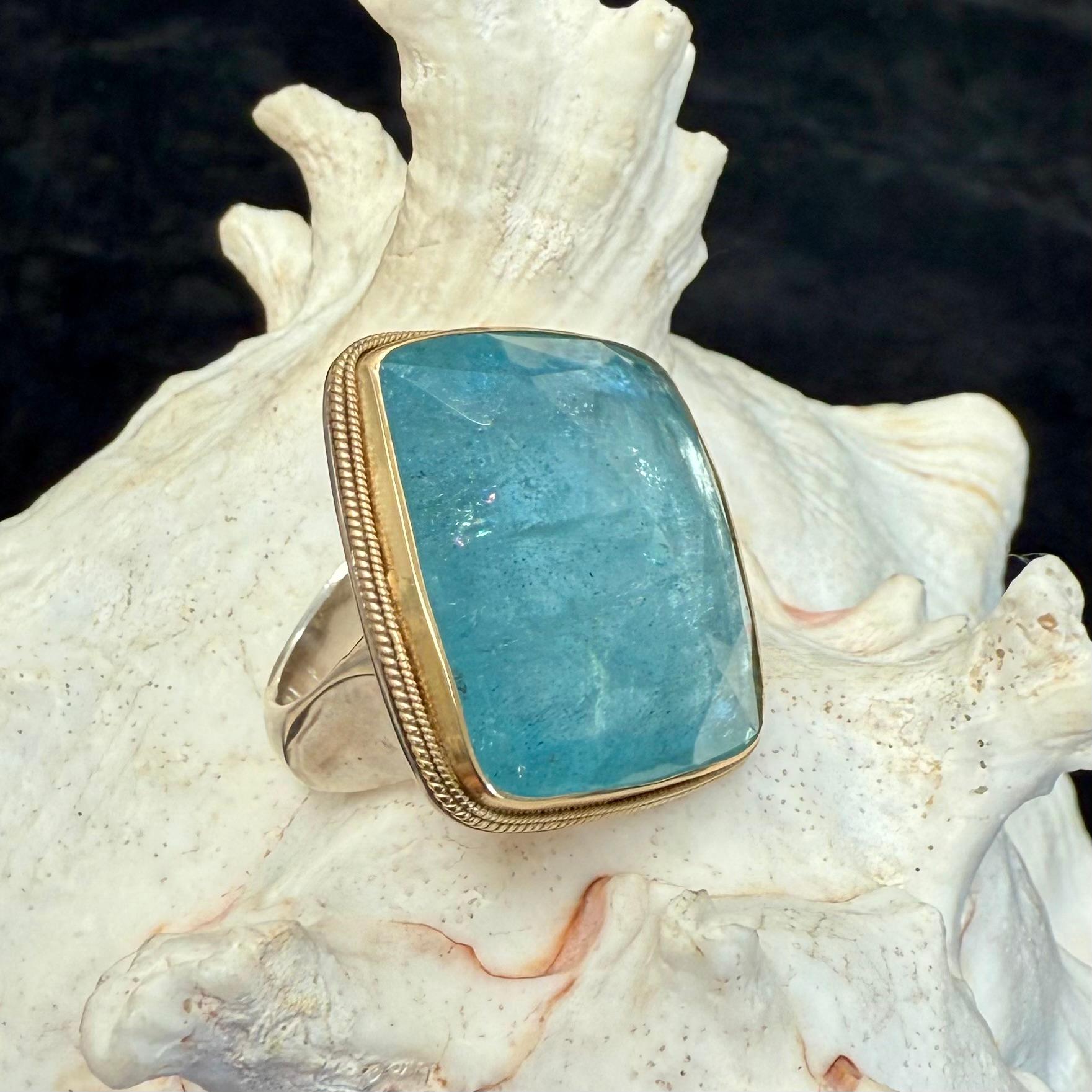 Steven Battelle 57 Carat Rose Cut Cushion Aquamarine Gold And Silver Ring For Sale 4