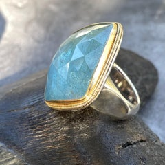 Steven Battelle 57 Carat Rose Cut Cushion Aquamarine 18K Gold And Silver Ring