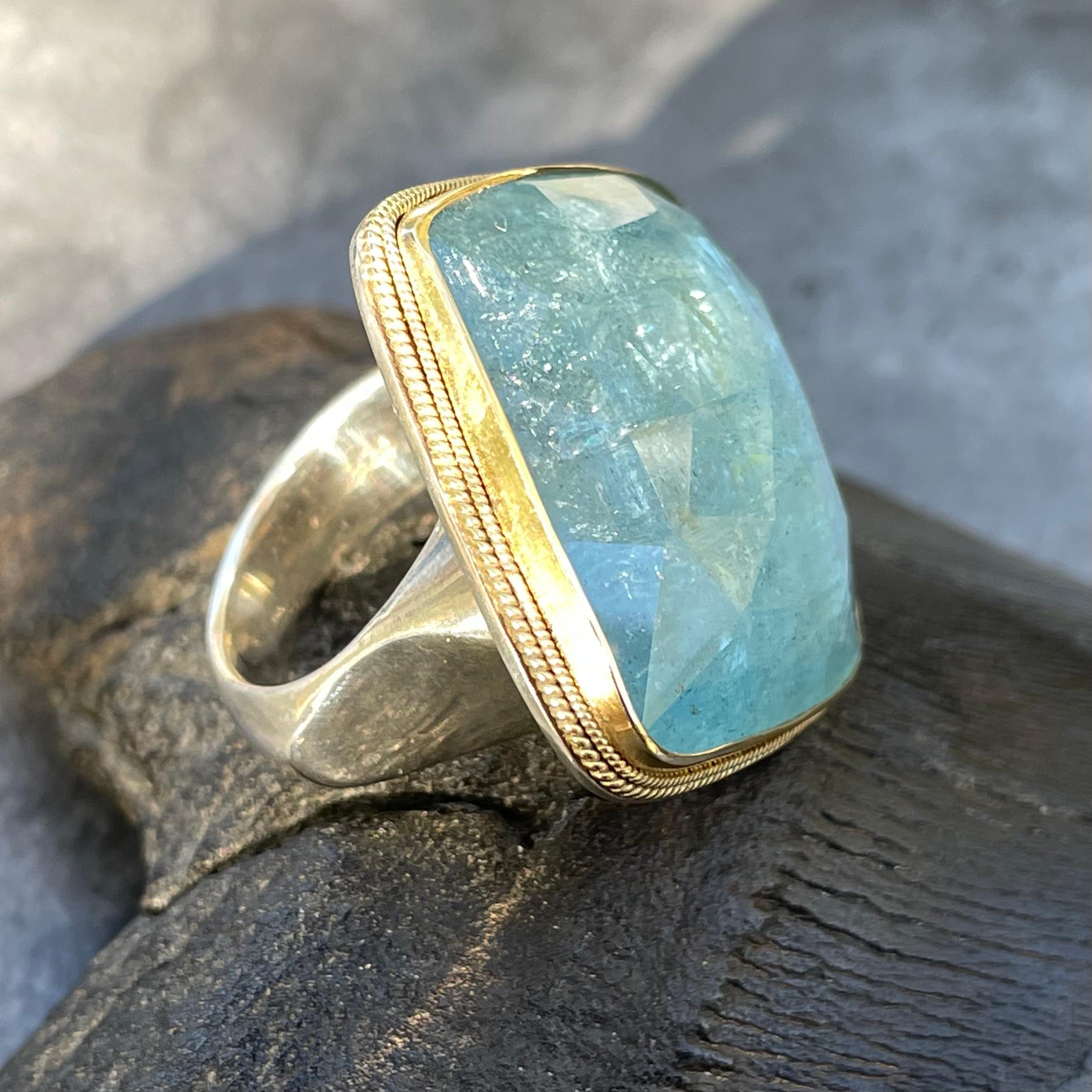 Steven Battelle 57 Carat Rose Cut Cushion Aquamarine Gold And Silver Ring In New Condition For Sale In Soquel, CA