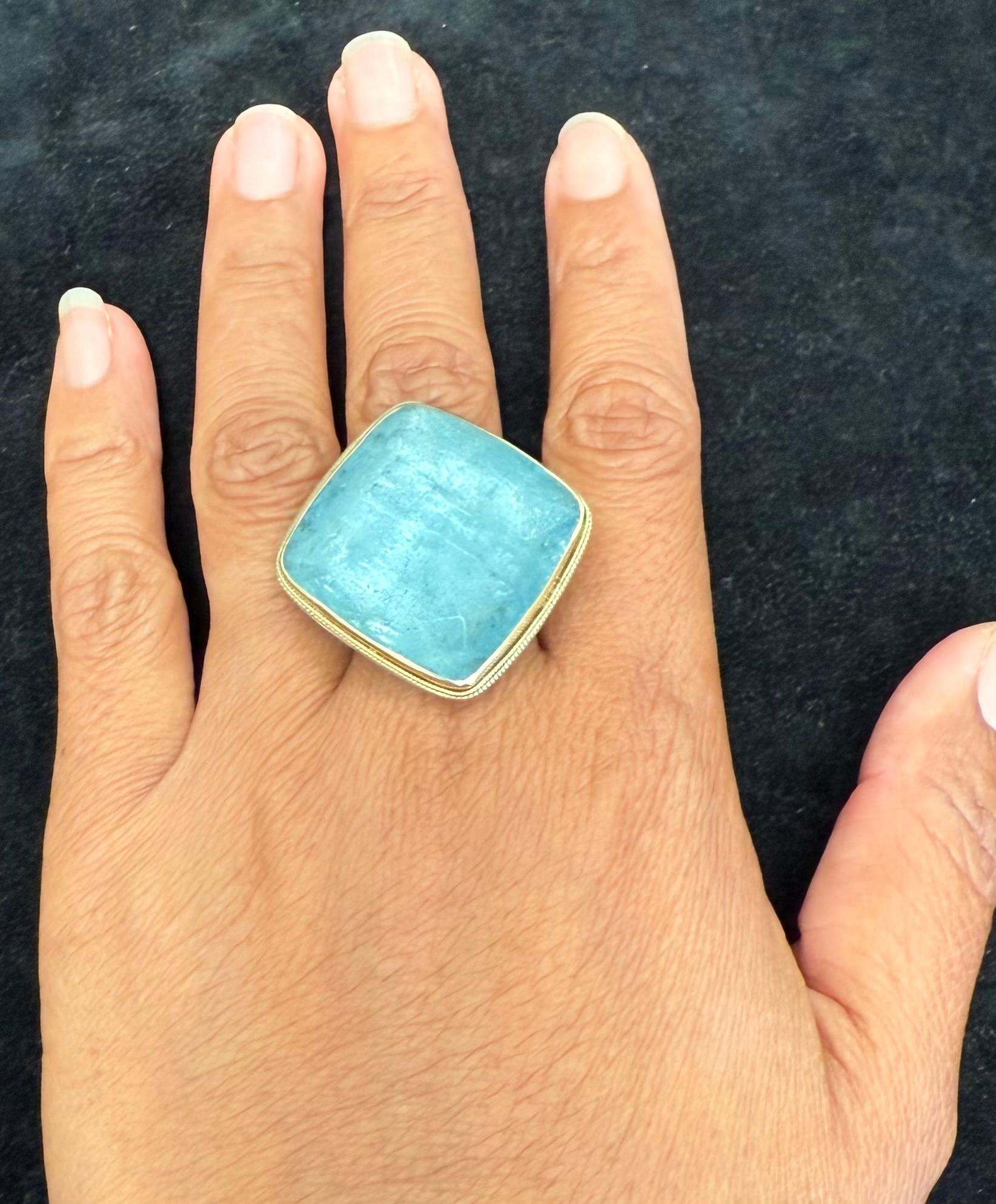 Cushion Cut Steven Battelle 57 Carat Rose Cut Cushion Aquamarine Gold And Silver Ring For Sale