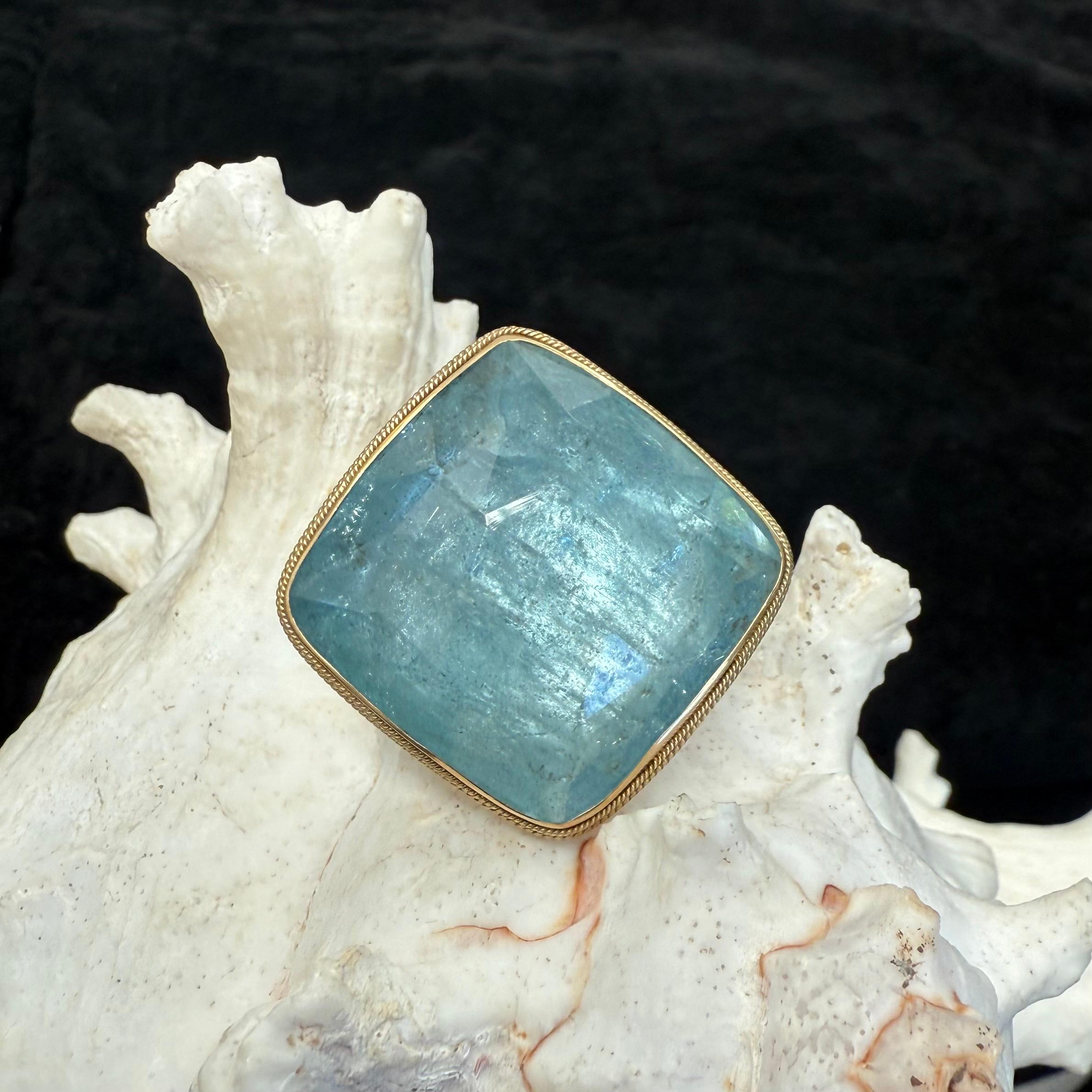 Steven Battelle 57 Carat Rose Cut Cushion Aquamarine Gold And Silver Ring In New Condition For Sale In Soquel, CA