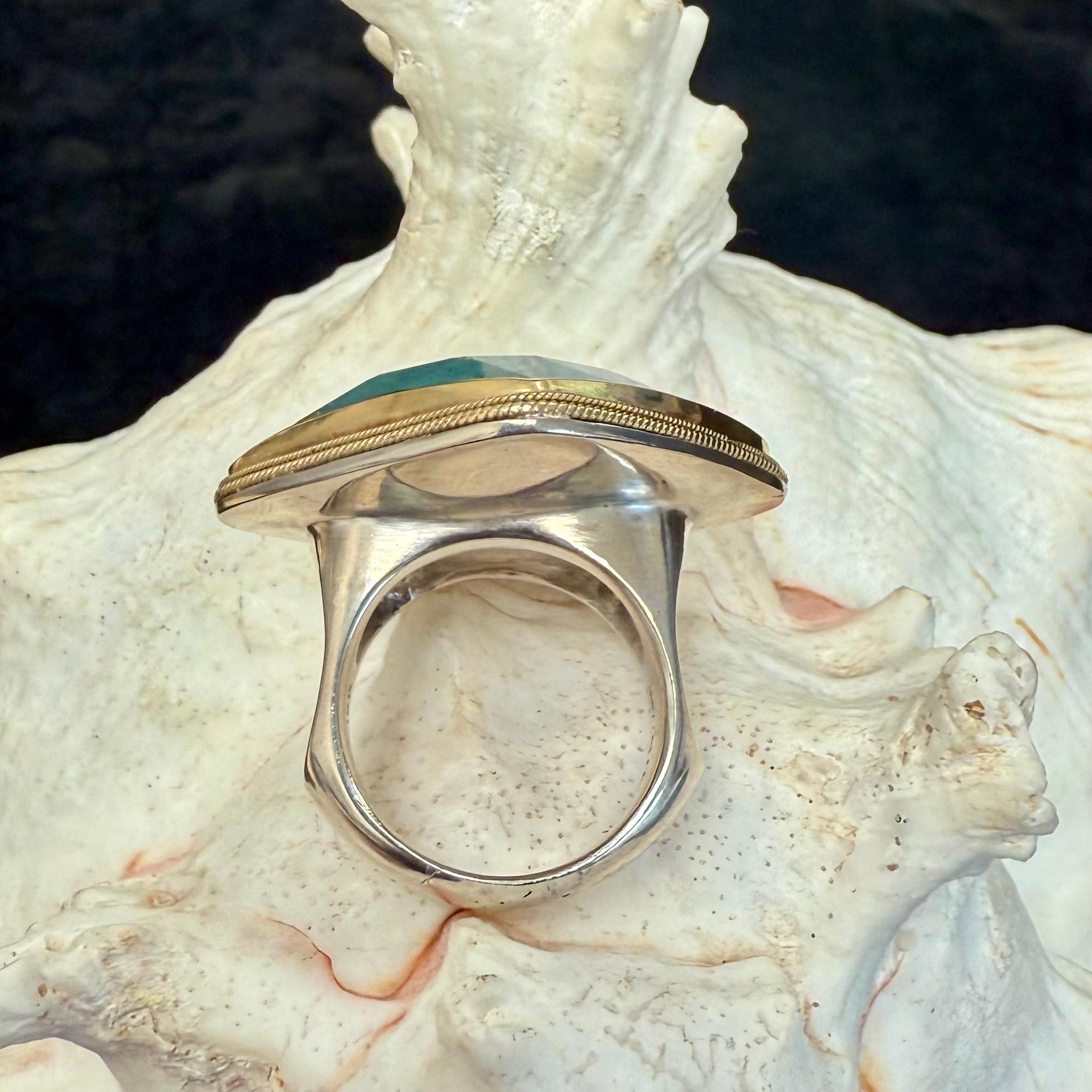 Women's or Men's Steven Battelle 57 Carat Rose Cut Cushion Aquamarine Gold And Silver Ring For Sale