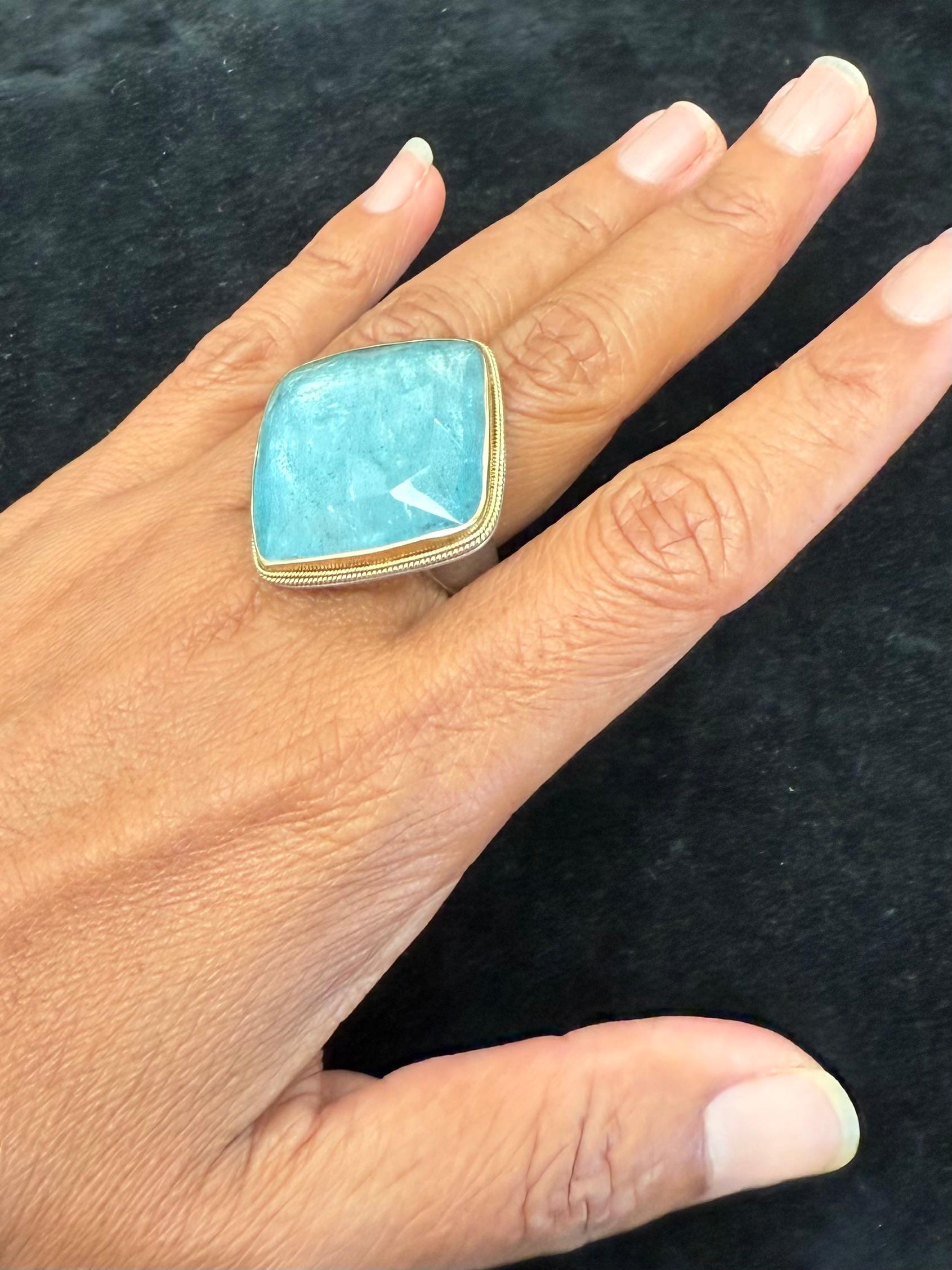 Steven Battelle 57 Carat Rose Cut Cushion Aquamarine Gold And Silver Ring For Sale 1