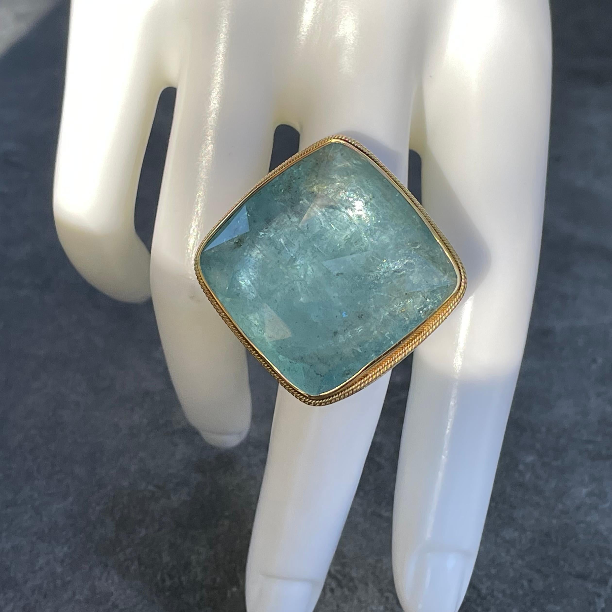 Steven Battelle 57 Carat Rose Cut Cushion Aquamarine Gold And Silver Ring For Sale 3