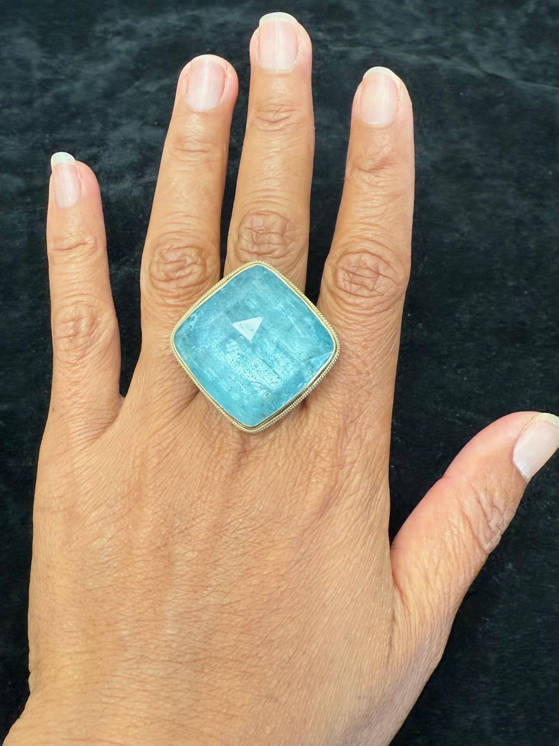 Steven Battelle 57 Carat Rose Cut Cushion Aquamarine Gold And Silver Ring For Sale 3