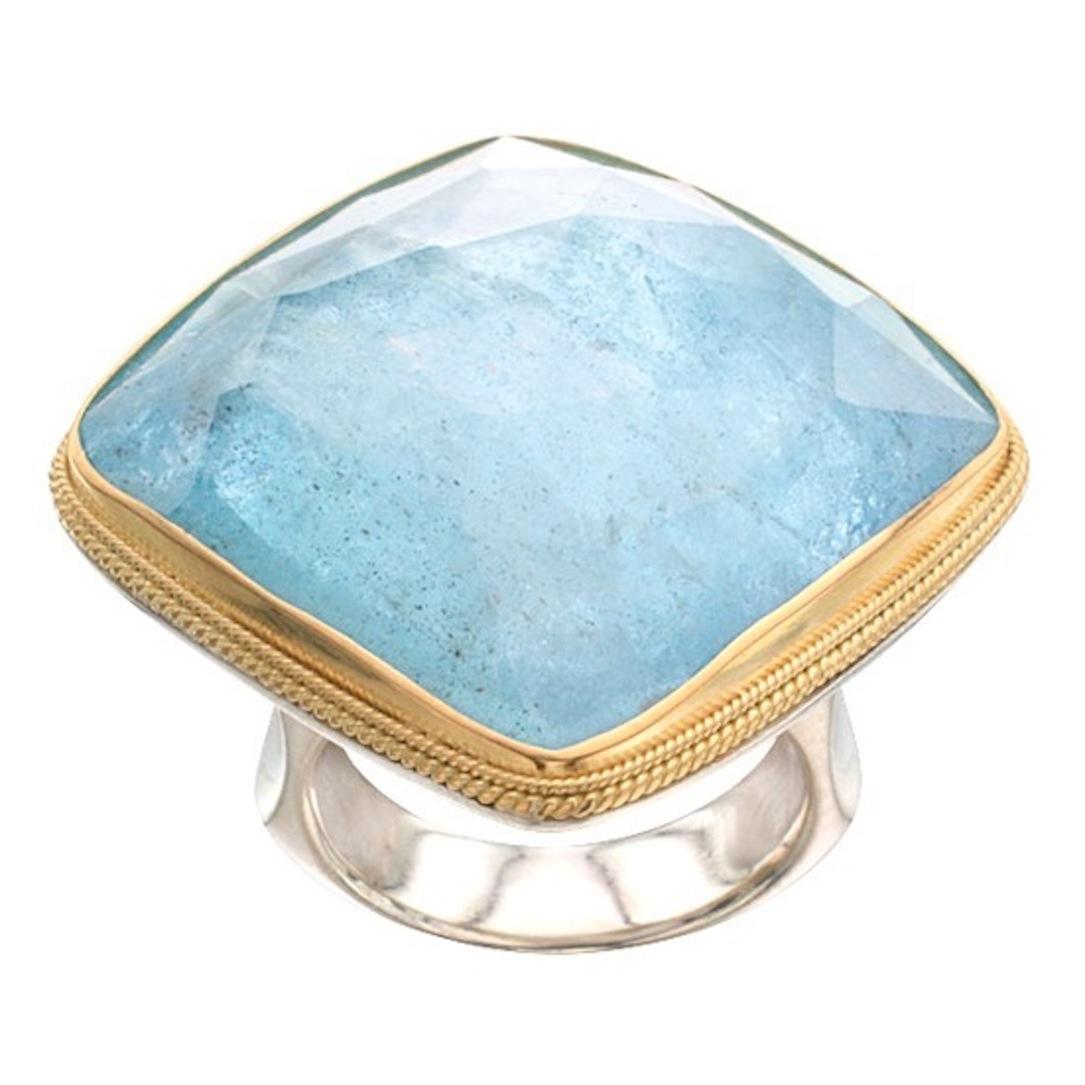 Steven Battelle 57 Carat Rose Cut Cushion Aquamarine Gold And Silver Ring For Sale