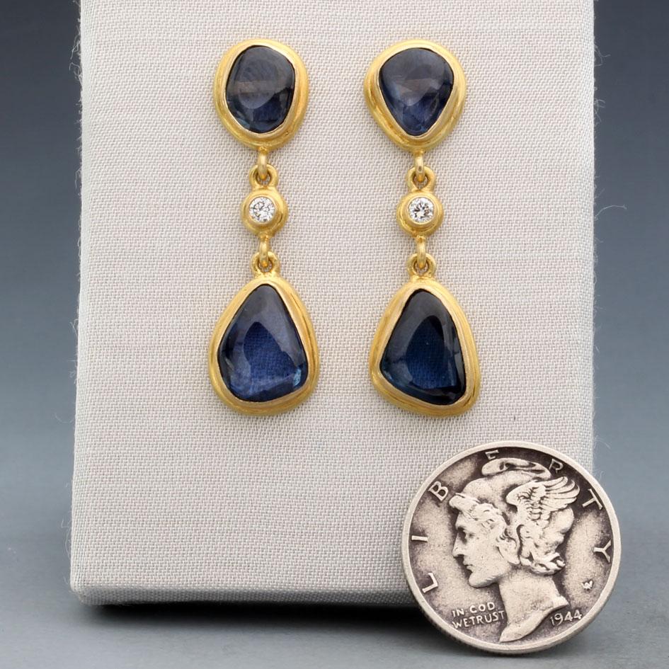 Rose Cut Steven Battelle 5.7 Carats Blue Sapphire Diamond 18K Gold Post Earrings For Sale