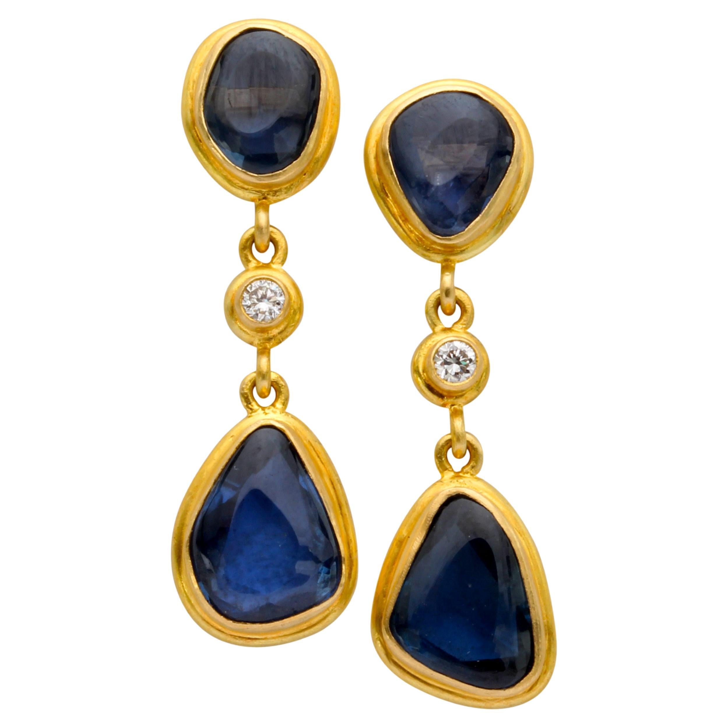 Steven Battelle 5.7 Carats Blue Sapphire Diamond 18K Gold Post Earrings For Sale