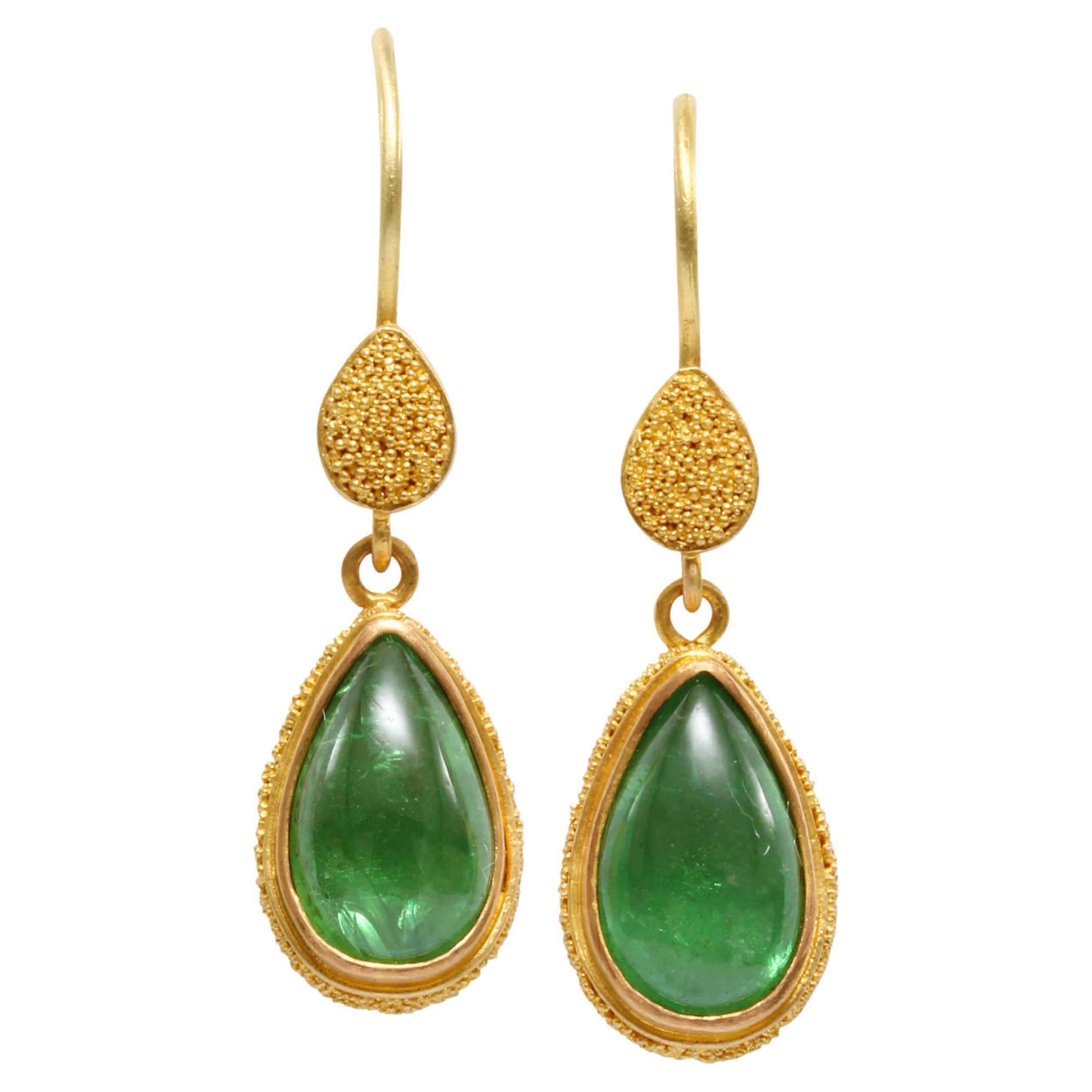 Steven Battelle 5.8 Carats Cabochon Tsavorite 22K Gold Wire Earrings For Sale