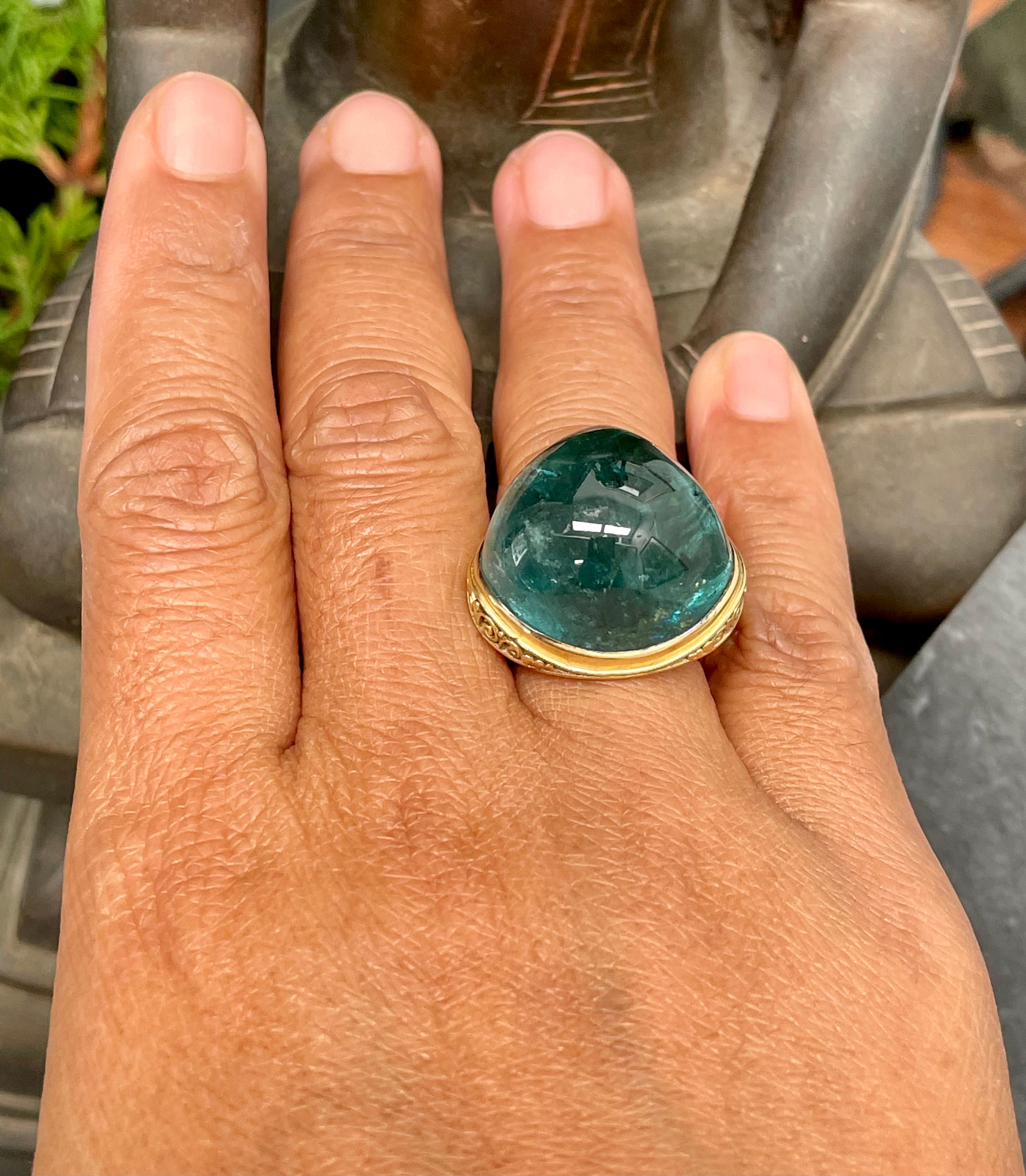 Steven Battelle 60.0 Carats Blue-Green Indicolite Tourmaline 18K Gold Ring For Sale 1