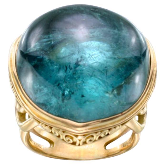 Steven Battelle 60.0 Carats Blue-Green Indicolite Tourmaline 18K Gold Ring For Sale