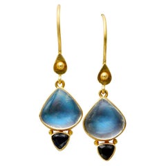 Steven Battelle 6.1 Carats Rainbow Moonstone Blue Sapphire 18K Gold Earrings
