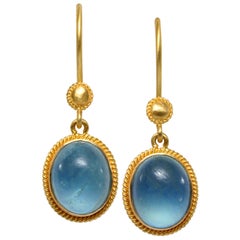 Steven Battelle 6.2 Carats Cabochon Aquamarine 18K Gold Wire Earrings