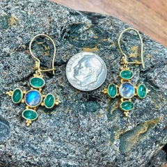 Steven Battelle 6.3 Carats Emerald Rainbow Moonstone 22K Gold Wire Earrings